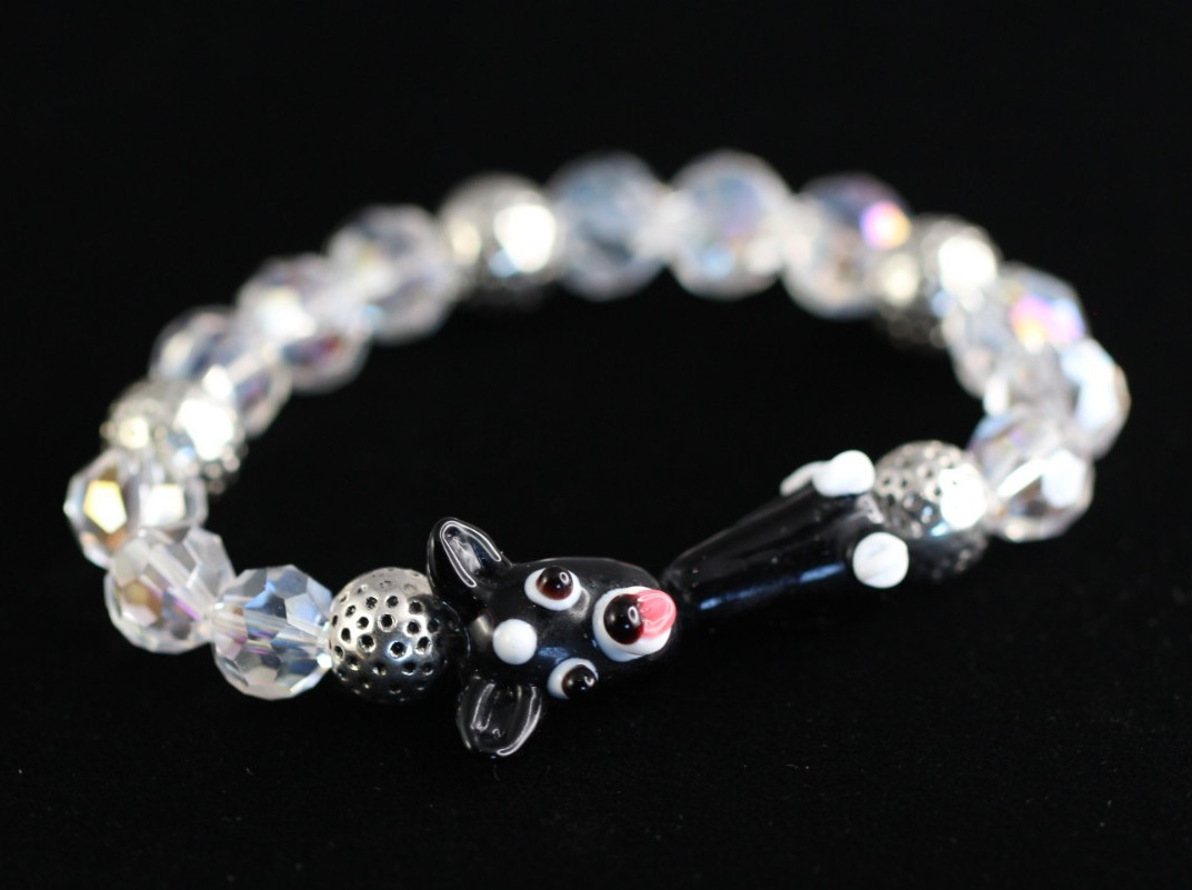 Dog Bracelet Black Lampwork 6.5″ inch Elastic Glass Beads 10mm Faceted Crystal
