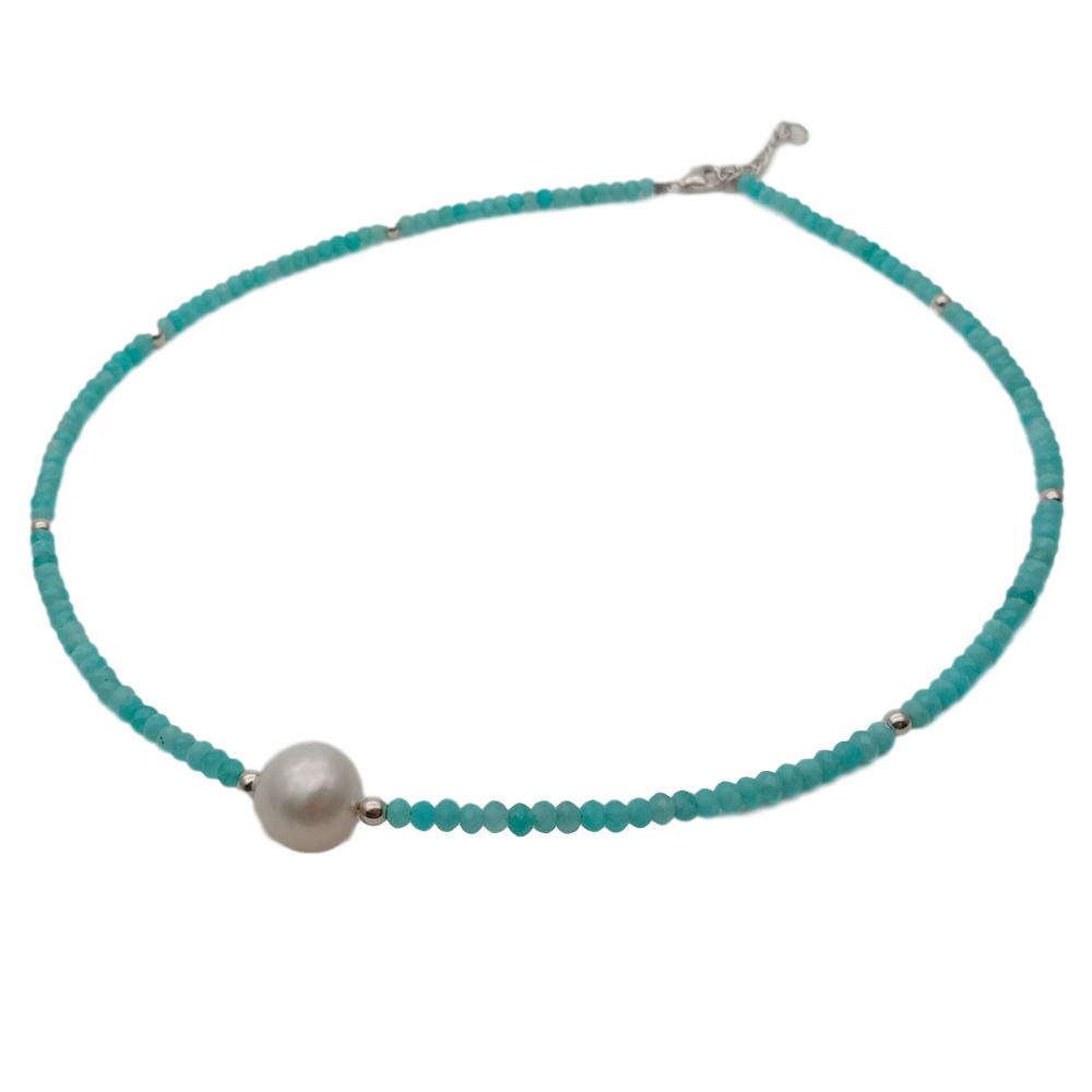 Natural Green Peruvian Amazonite White Pearl Necklace 17”