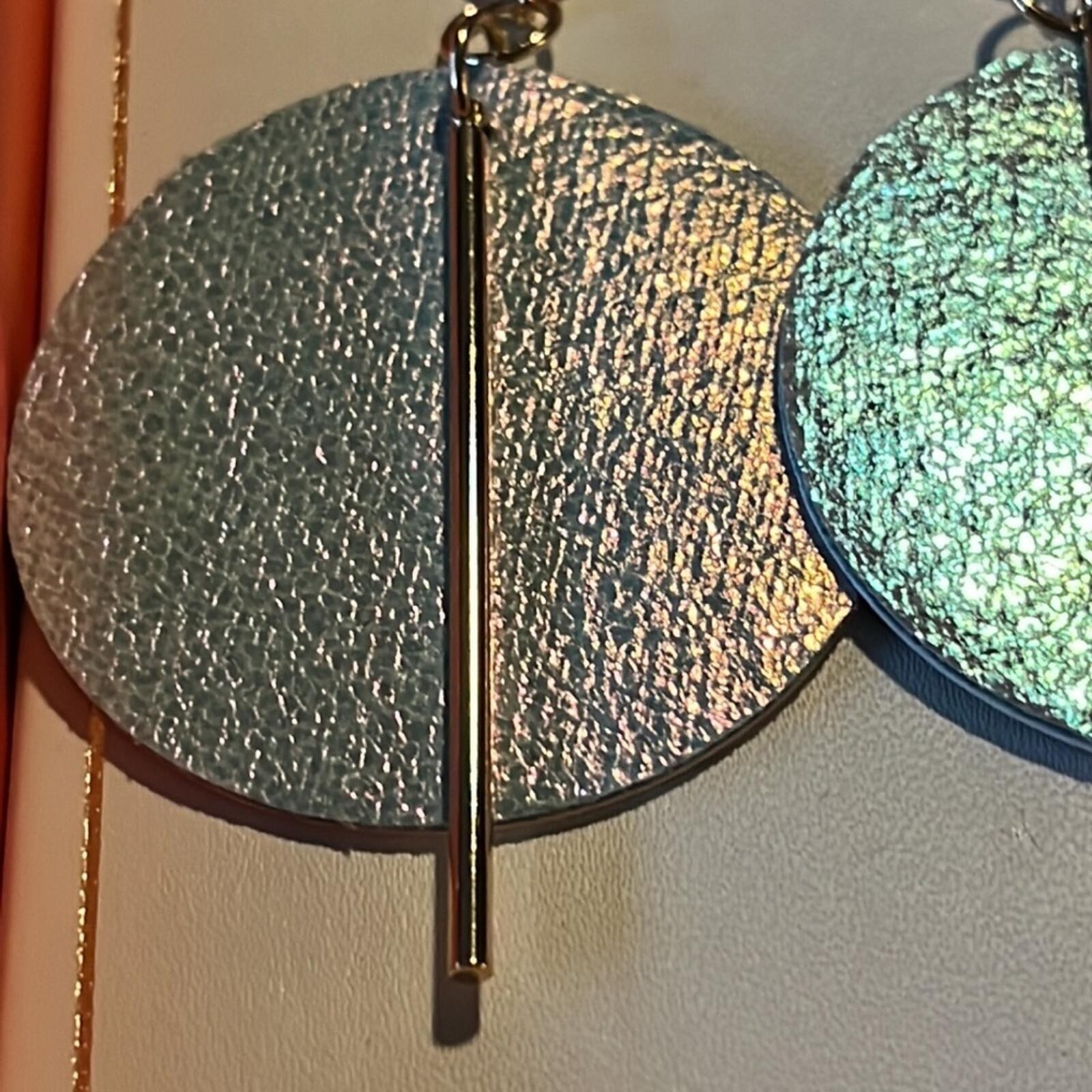 Pink linen iridescent leather earrings 1-3/4” diameter