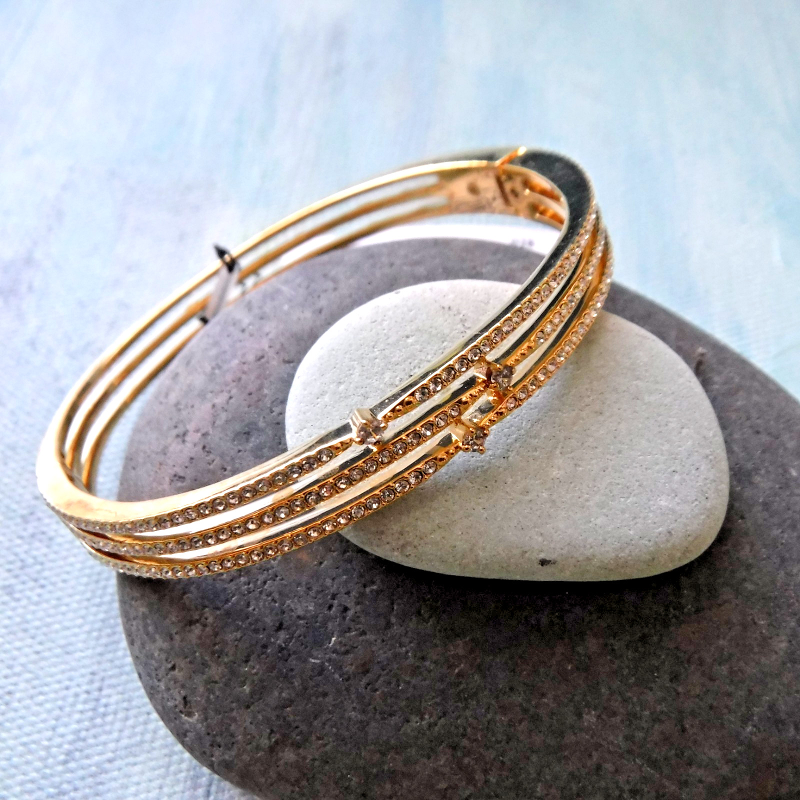 NARDI 3 Row Gold Plated Crystal Snap Closure Bangle NWT