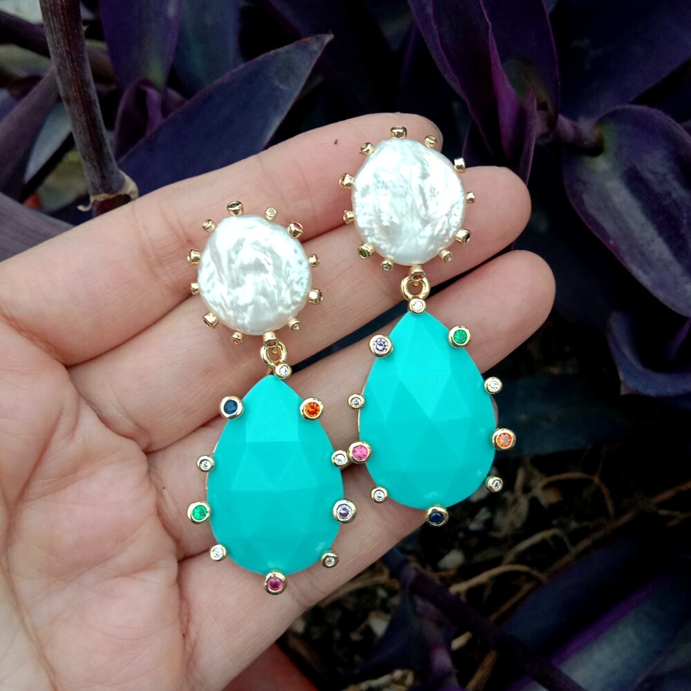Cultured White Coin Pearl Blue Turquoise Cz Pave Teardrop Dangle Earrings