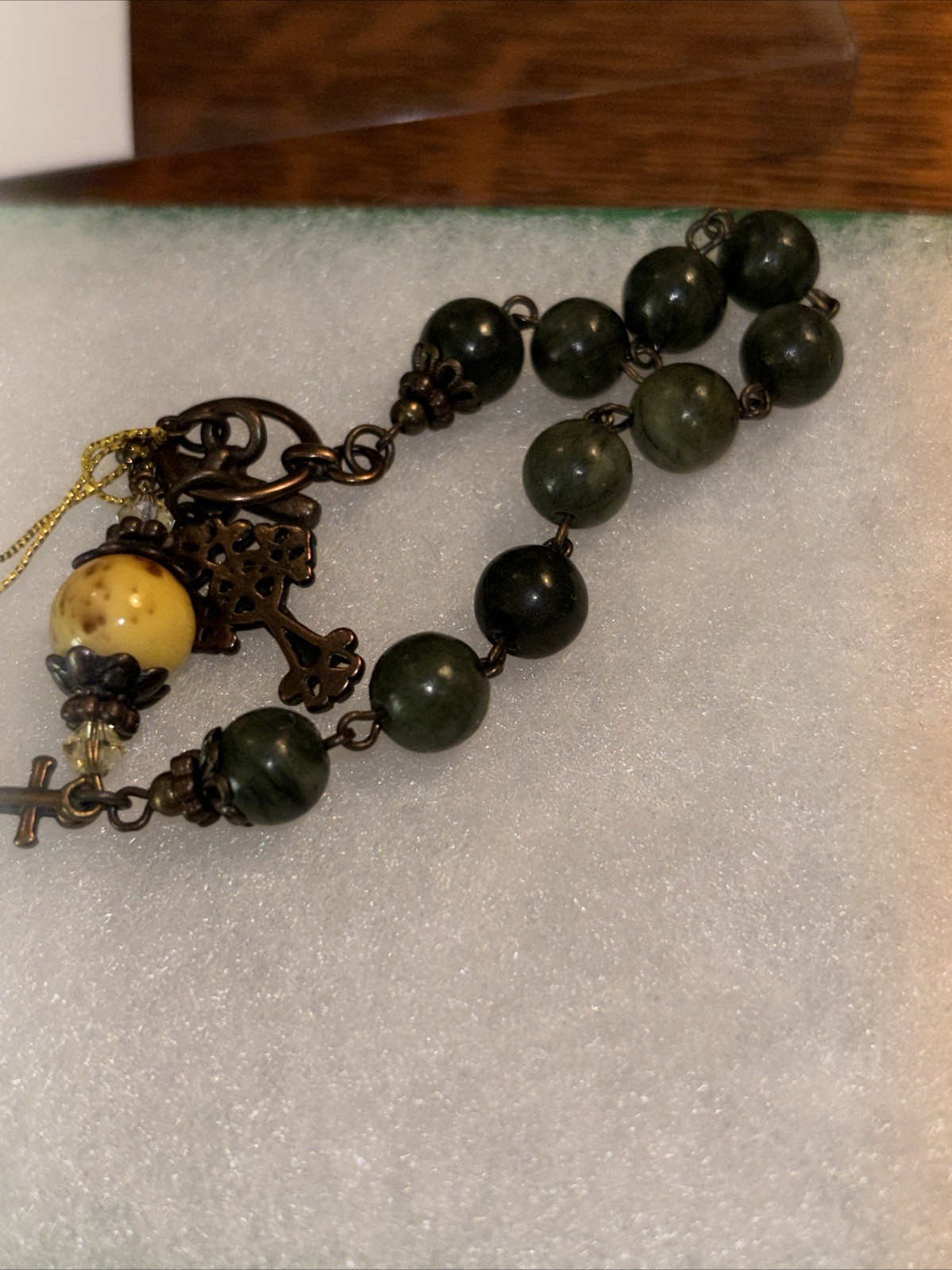 QVC Connemara Marble Bronzetone Antiqued Rosary Bracelet, yellow Stone, Avg NIB