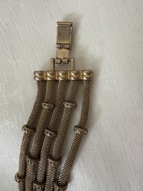 Lia Sophia 5‑Row Mesh Bracelet • Crystal Rondelles • Champagne Mixed Metal 6.5″