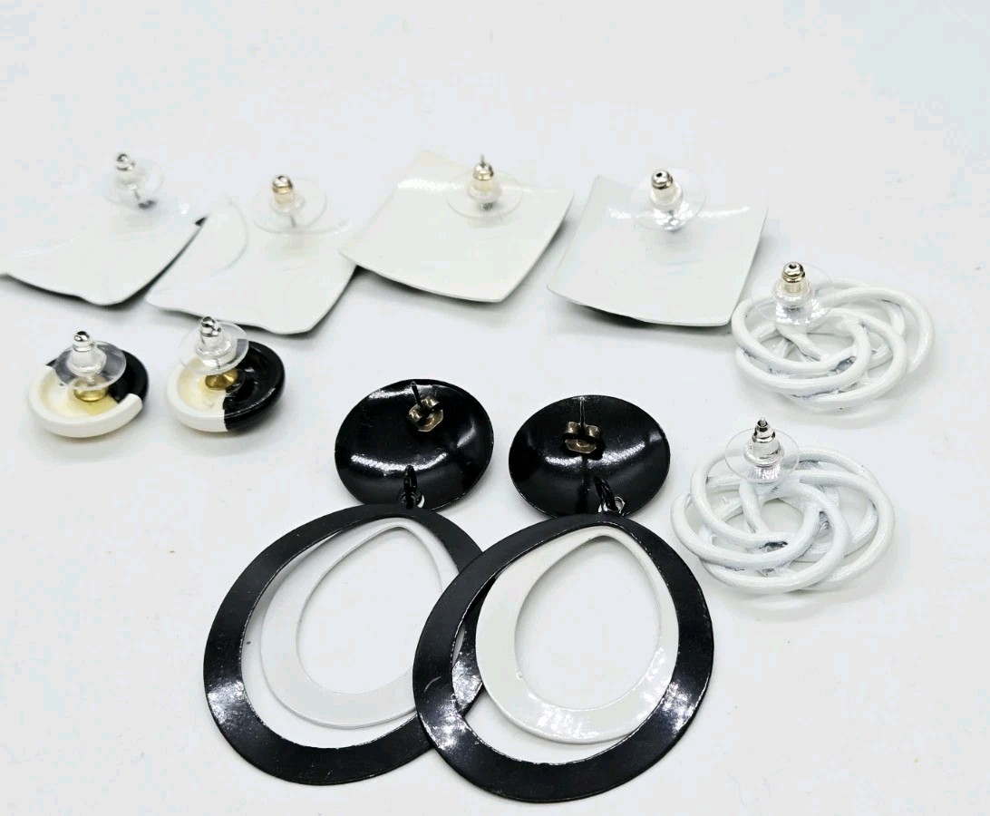 Black and White Earring Lot Art Deco Asymmetrical Enamel Vintage 5 Pair
