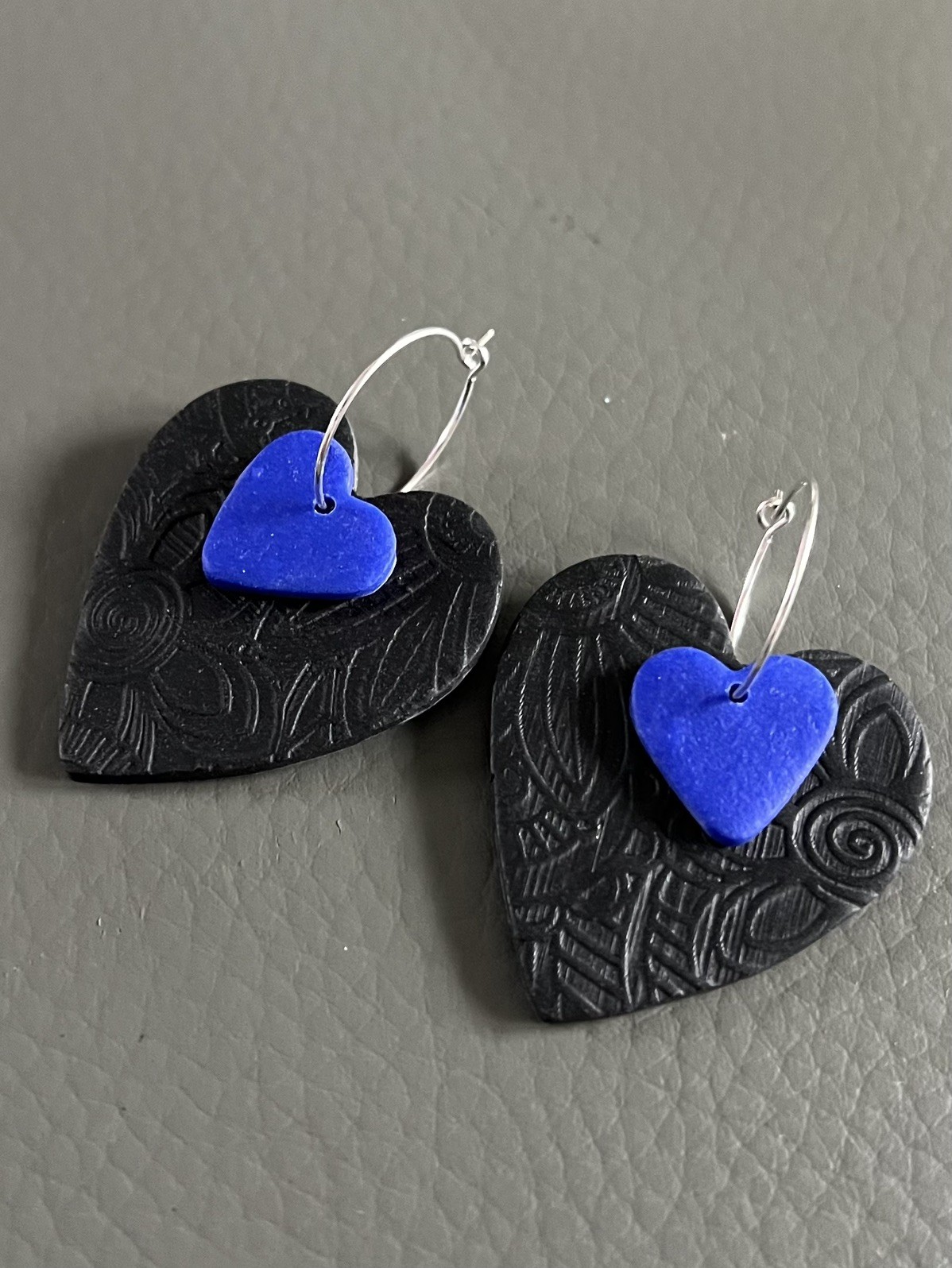 Black & Royal Blue Heart Polymer Clay Earrings – Handmade Statement Hoops