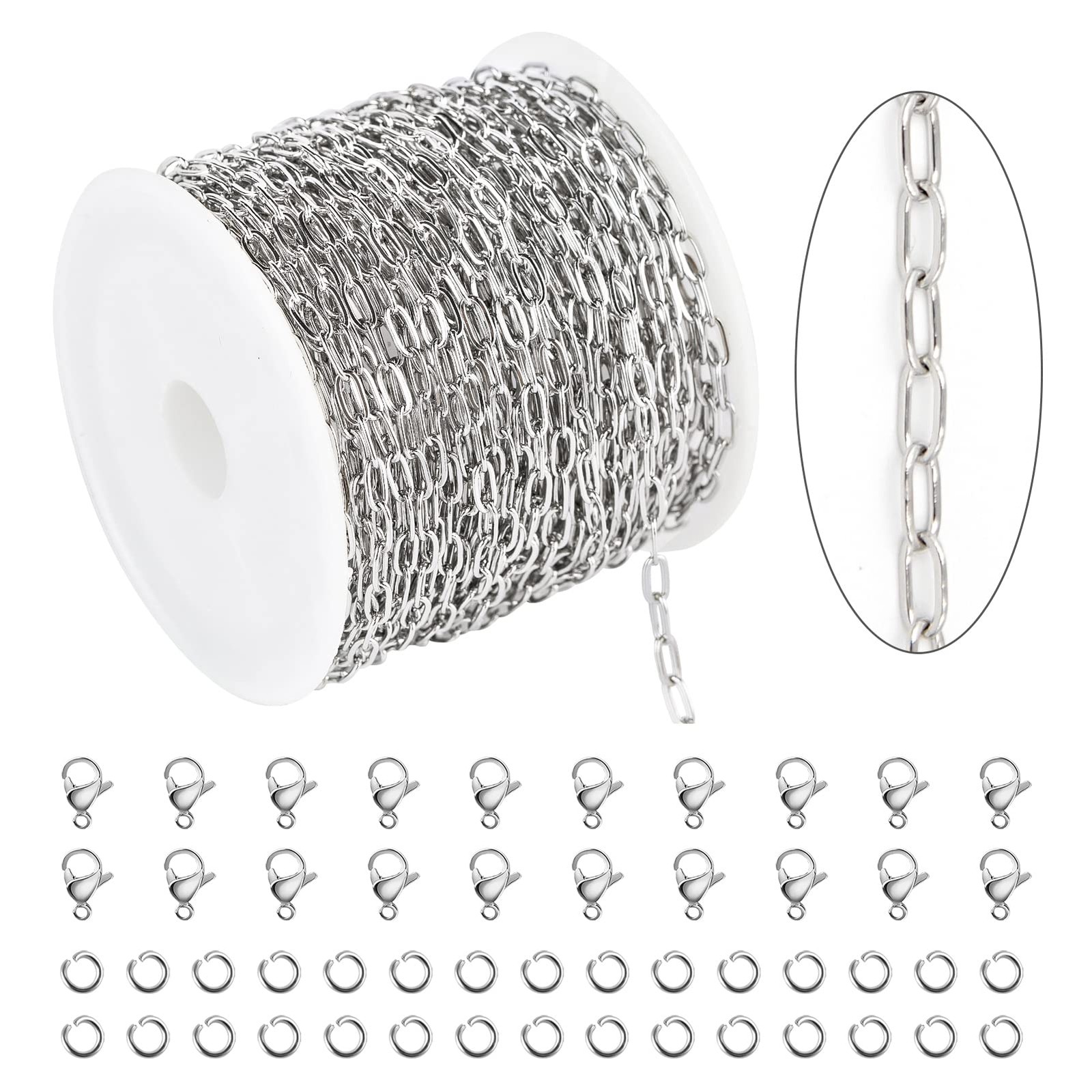 KYUNHOO 32.8 Feet 304 Stainless Steel Chain Bulk Silver Paperclip Chains for Jew