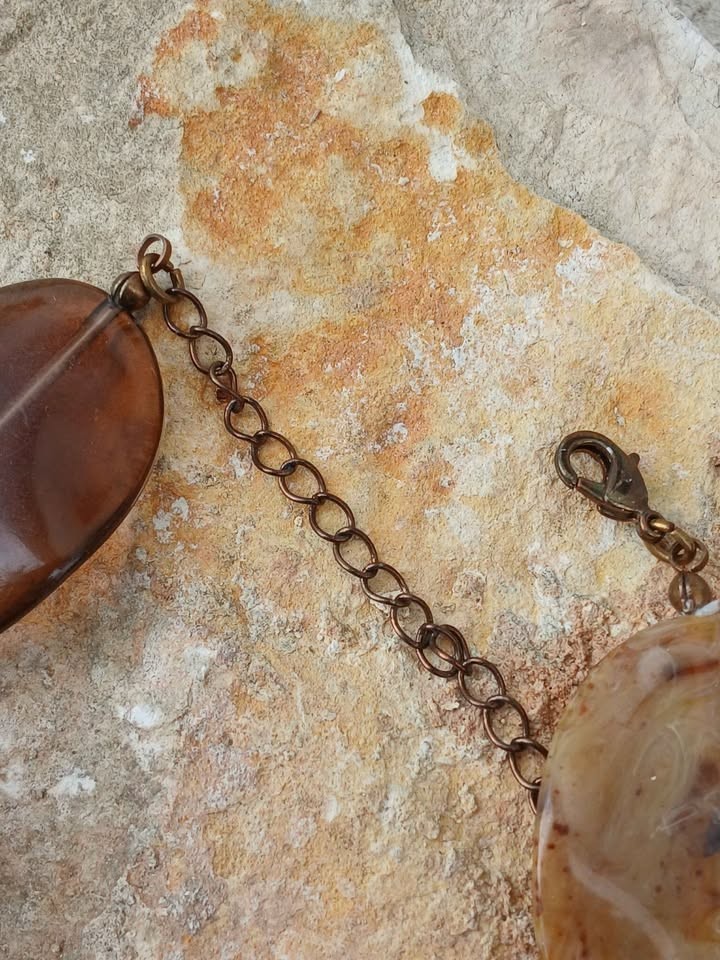 VintageNecklace Brown Cream Large Marbled Acrylic Chunky Statement 17″