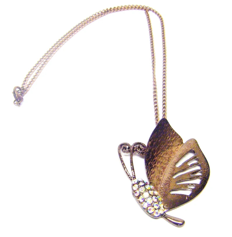 Rhodium Finished Copper Butterfly w/Rhinestones Pendant Necklace