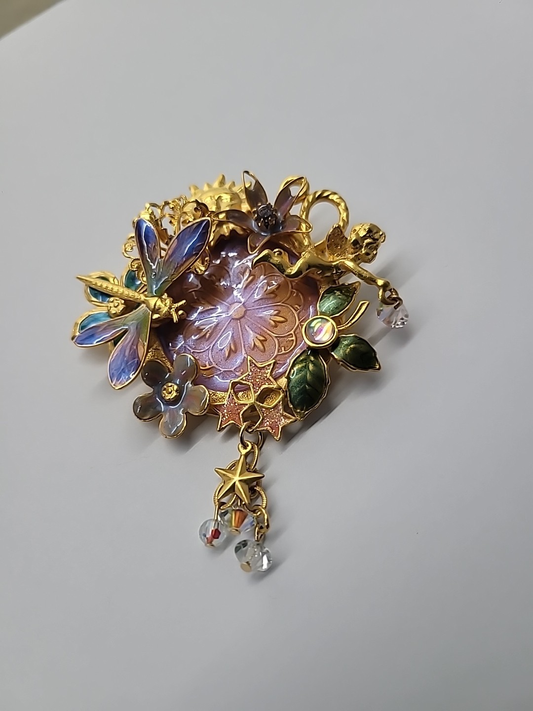 Vintage Kirks Folly Fairy Dragonfly Garden Brooch Iridescent Medallion Retired