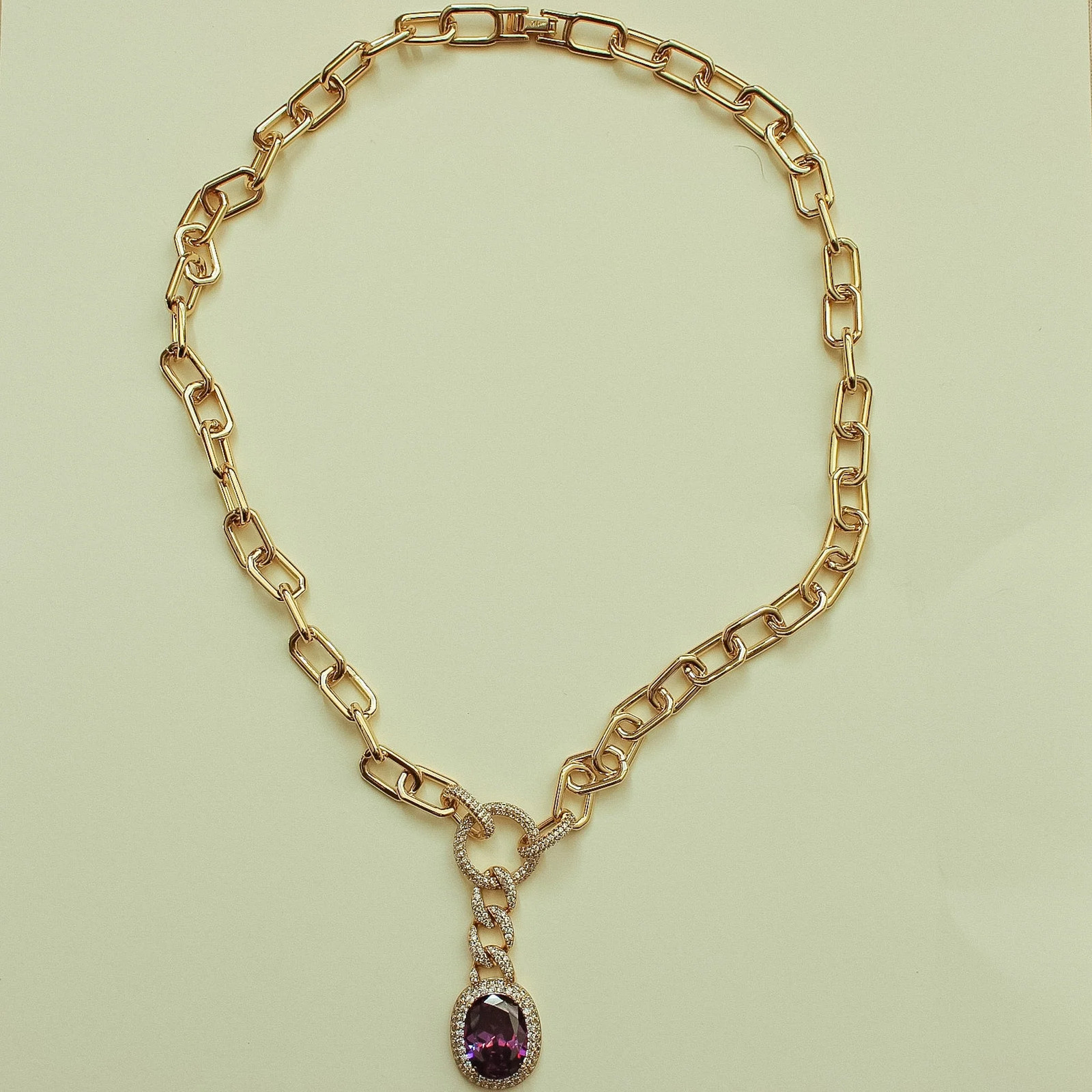 Amethyst Pendant Paperclip Chain Necklace — Gold
