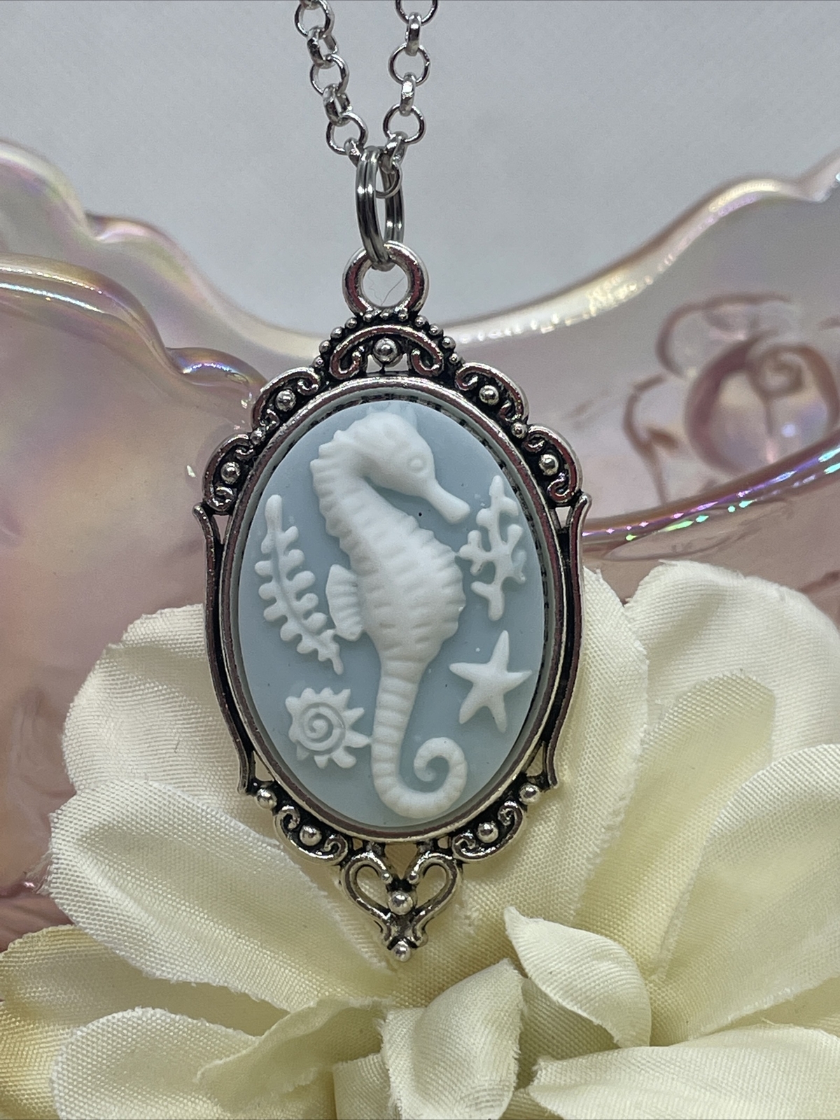 Cameo Necklace Seahorse Sea Horse Fish Prom Nautical Wedding Silver Heart Star