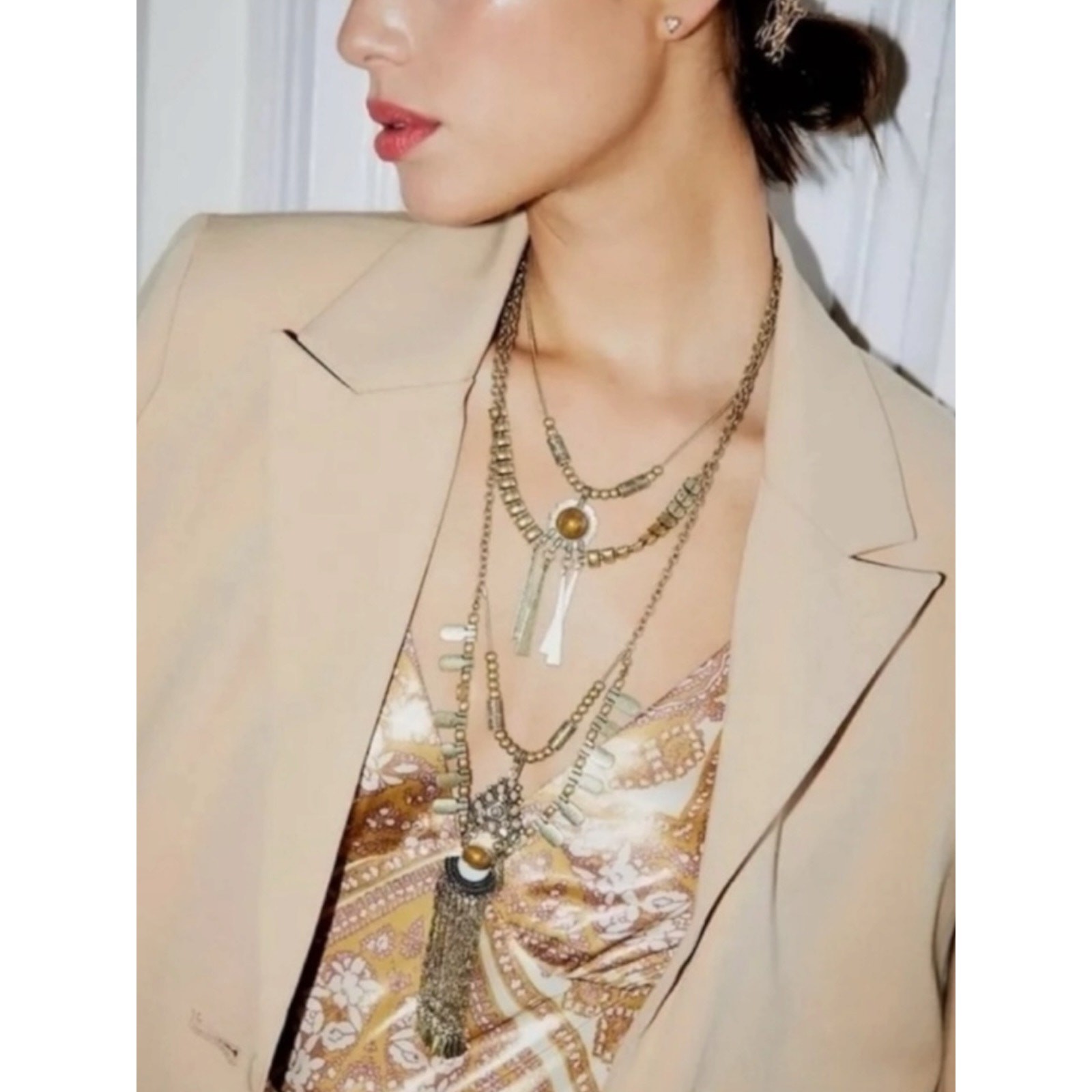 Free People Bring It Home Layered Necklace Gold Black Statement Bohemian Witchy