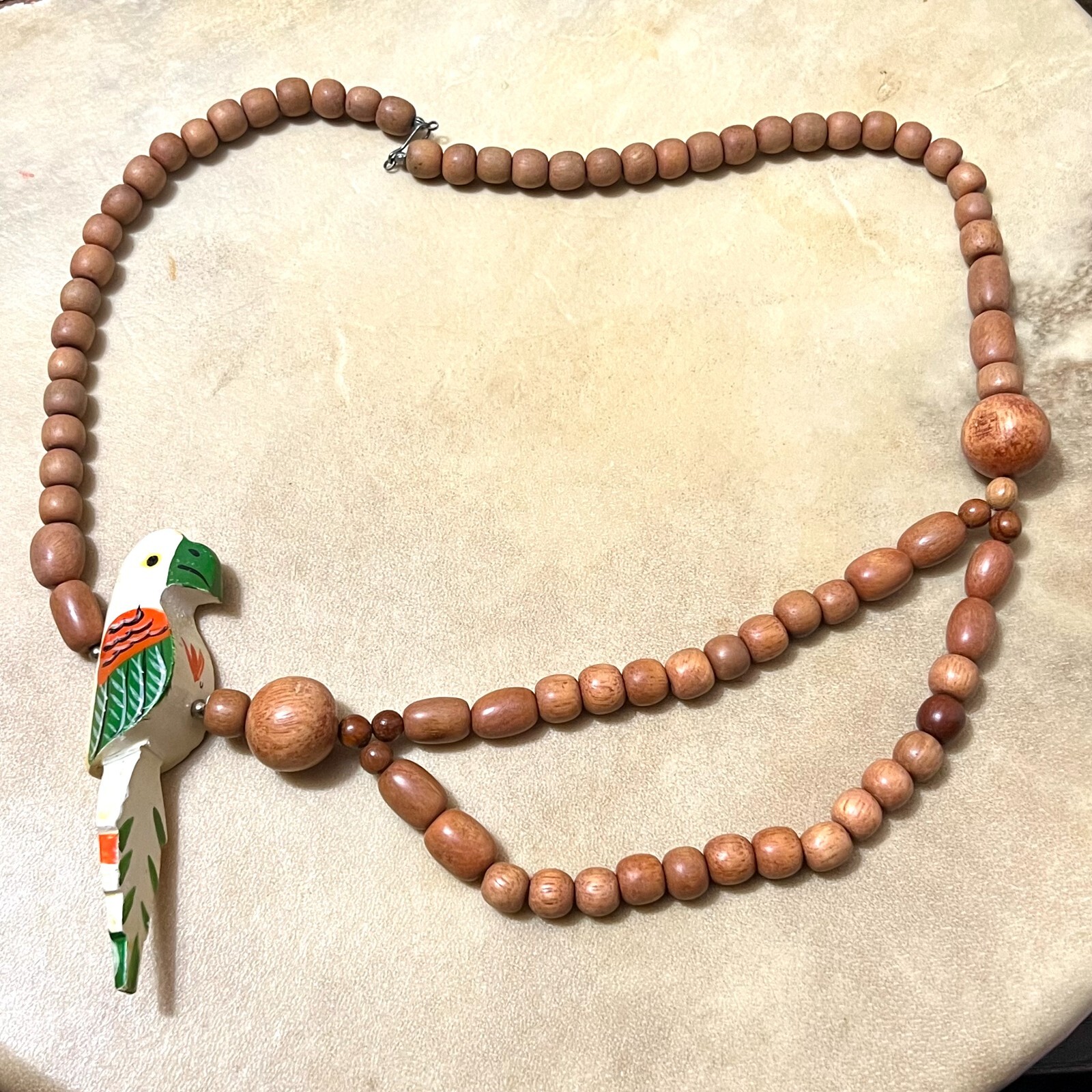 Tropical Luau Wooden Lei Necklace, Multi Strand w/ Hand Painted Parrot VTG – 26″