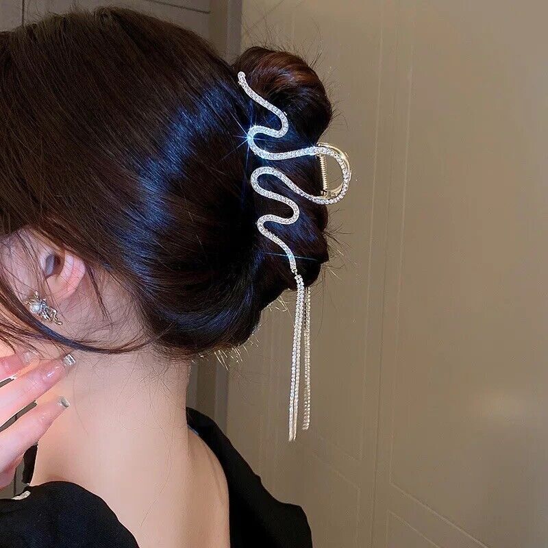 Crystal Hair Clip Rhinestone Large Snake Hair Claw Tassel Chain Flash Clamp Pin