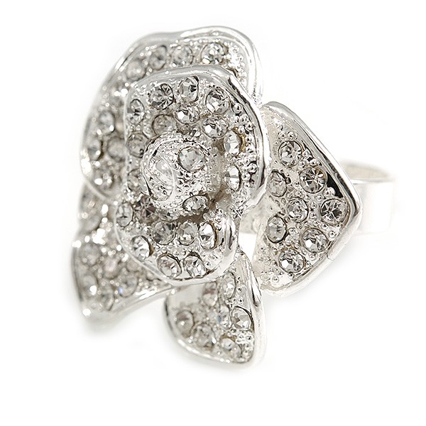 Clear Crystal Rose Flower Ring In Silver Tone – 30mm D – 7/8 Size Adjustable
