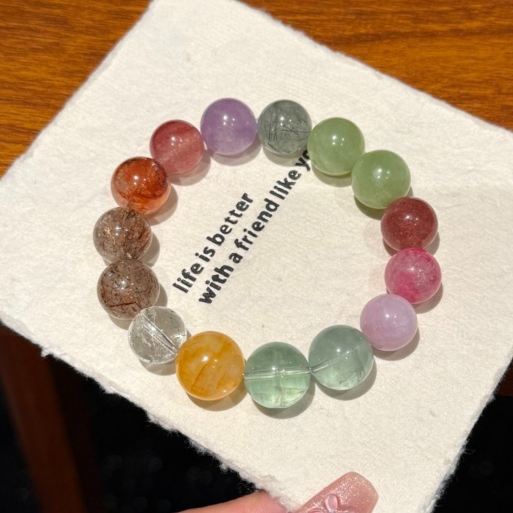 12/13mm Natural Green fluorite sprpentine jade rose quartz amethyst Bracelet