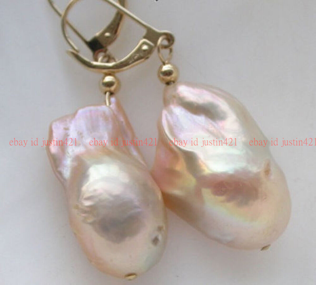 AAA Huge 15x20mm Natural Pink Baroque Keshi Reborn Pearl Gold Dangle Earring