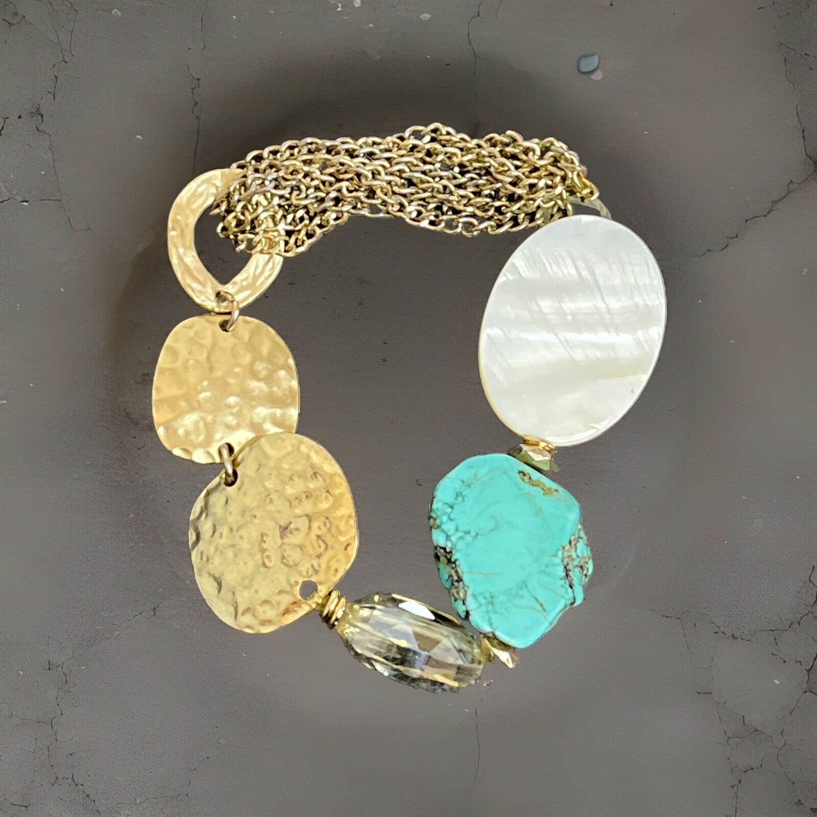 Bracelet Turquoise Colored Stone White Quartz Glass Hammered Metal
