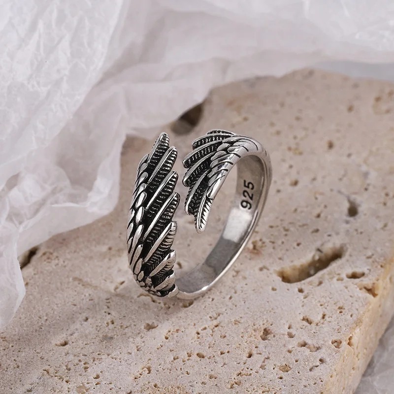 1 Pcs of 925 Sterling Silver Angel Wing Feather Adjustable Ring Wedding Jewelry