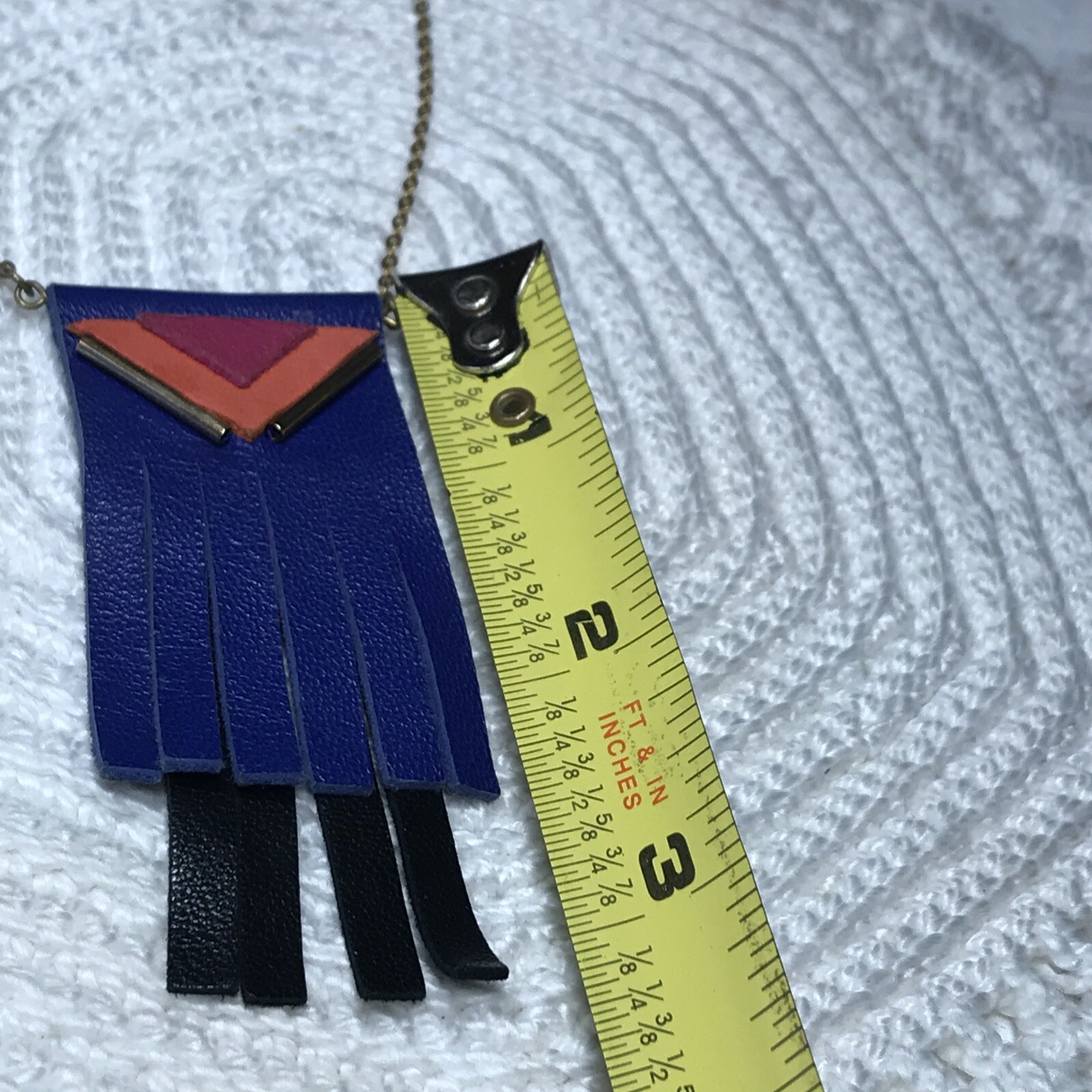 Fosseth Necklace Blue Orange Pink Leather Pendant GoldTone Chain Adj 20”- 22” L