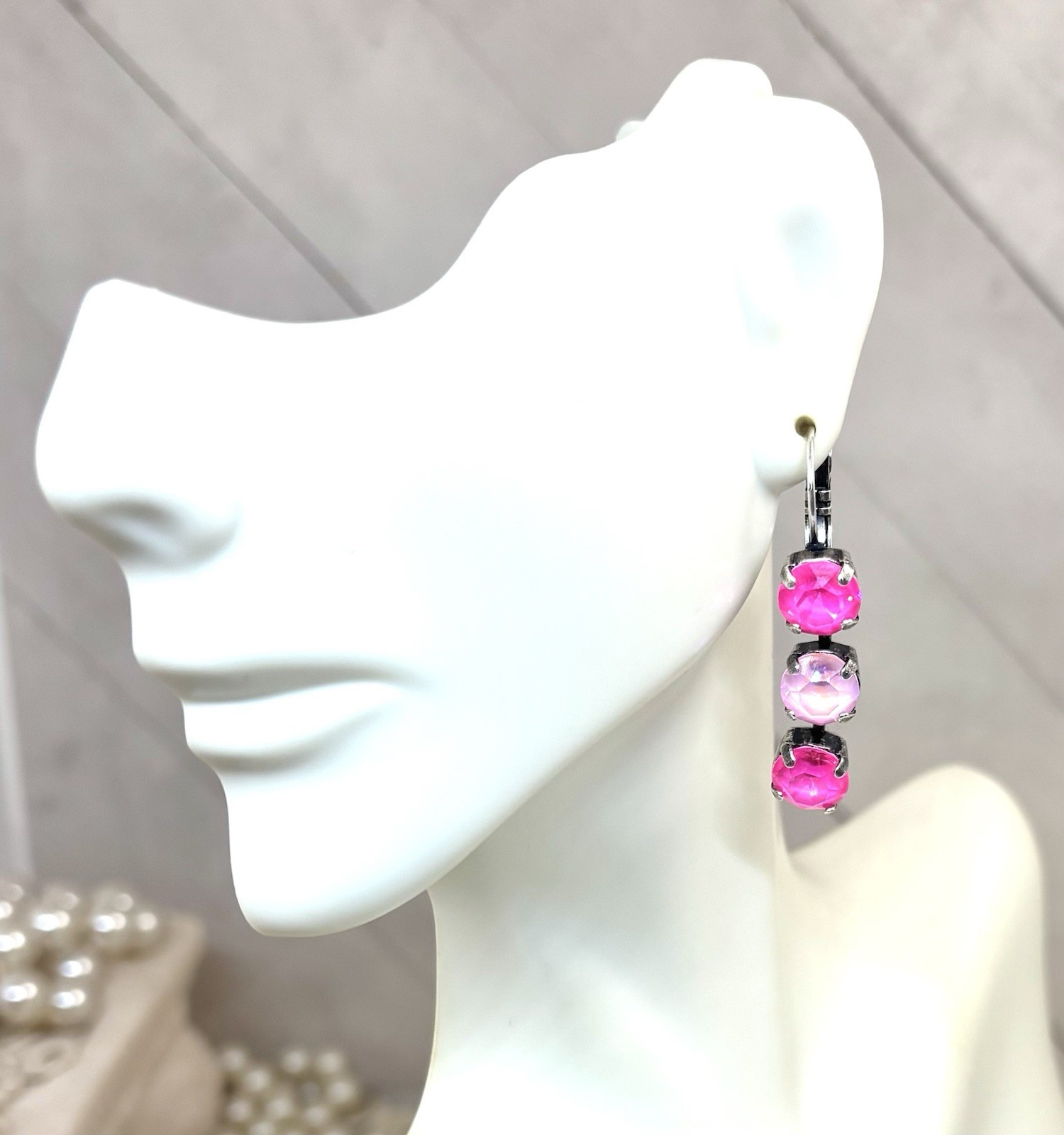 Antique Silver Plated Bubblegum Pink Cup Chain Triple Stone Drop Earrings, Neon