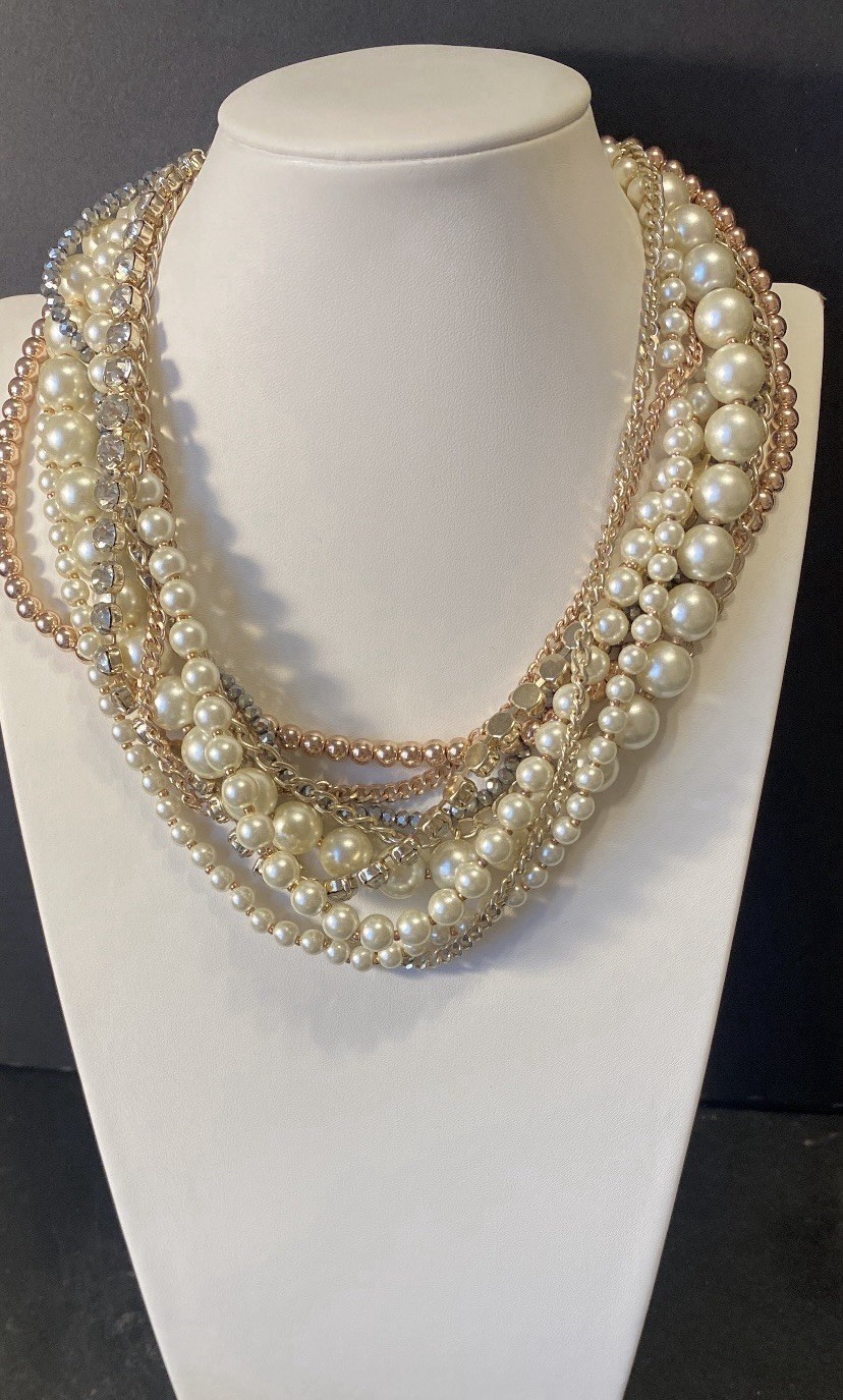 The Loft Vintage 9 Strand Faux Pearl Chain Rhinestone Necklace