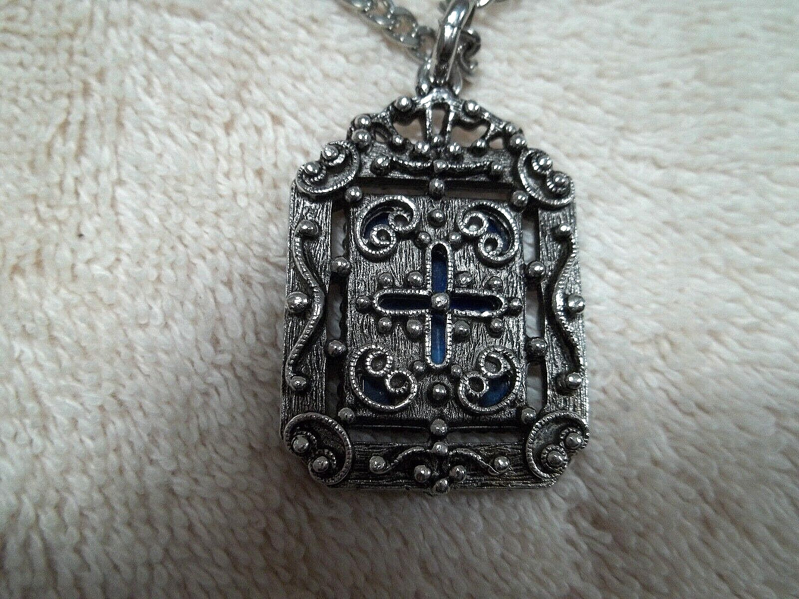 Blue Marble Acrylic Stone Reversible Pendant, Silver Tone Metal, Nicely Detailed