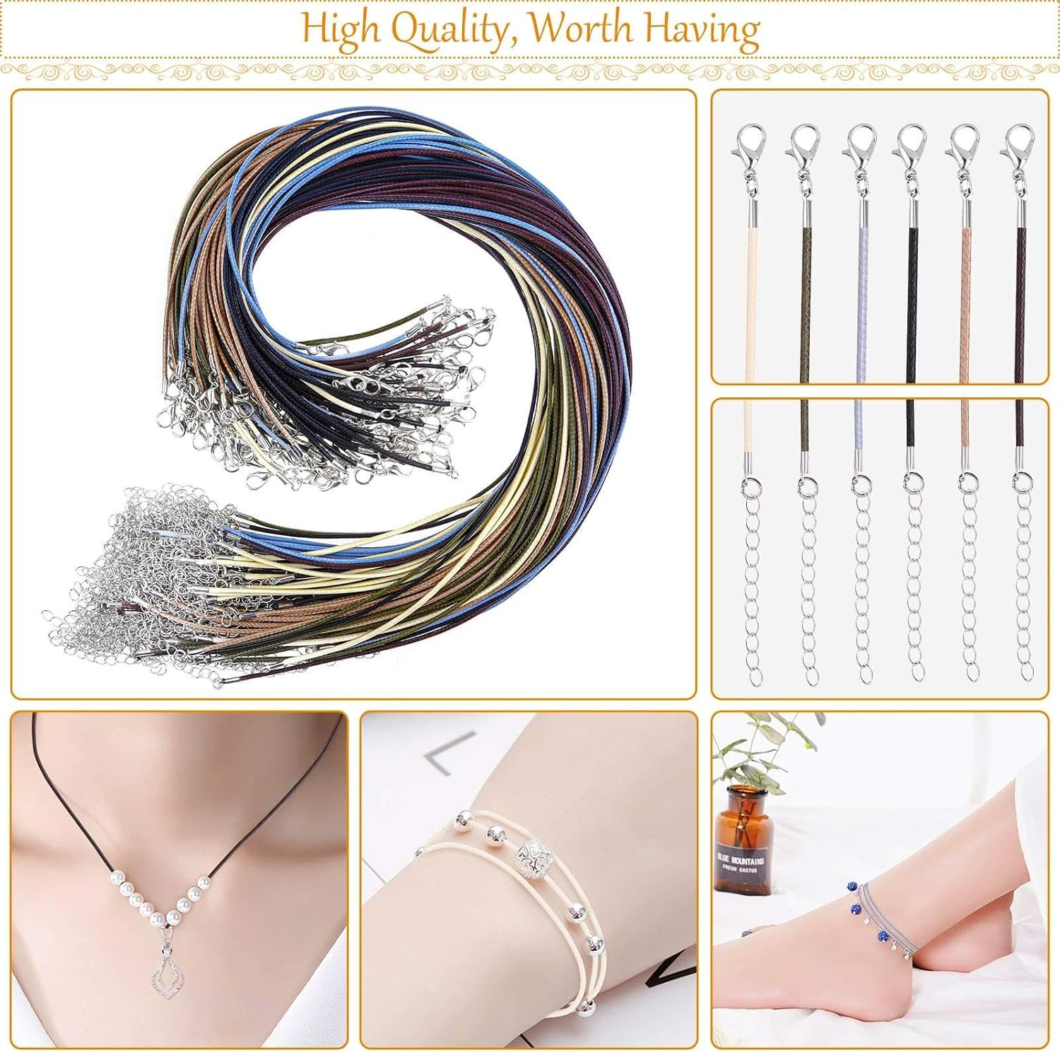 100 Pcs 20 Leather Necklace Chains Waxed Rope Cord with Clasps for Pendants