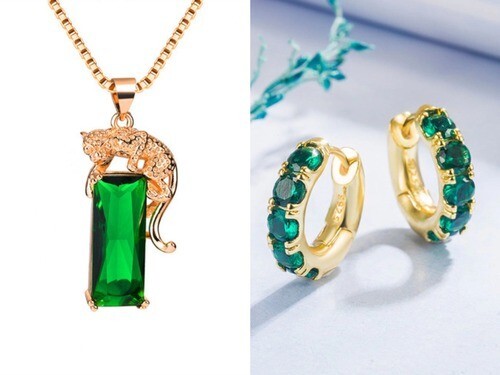Gold Necklace with Leopard Green Rectangle Zirconia Pendant + Earrings