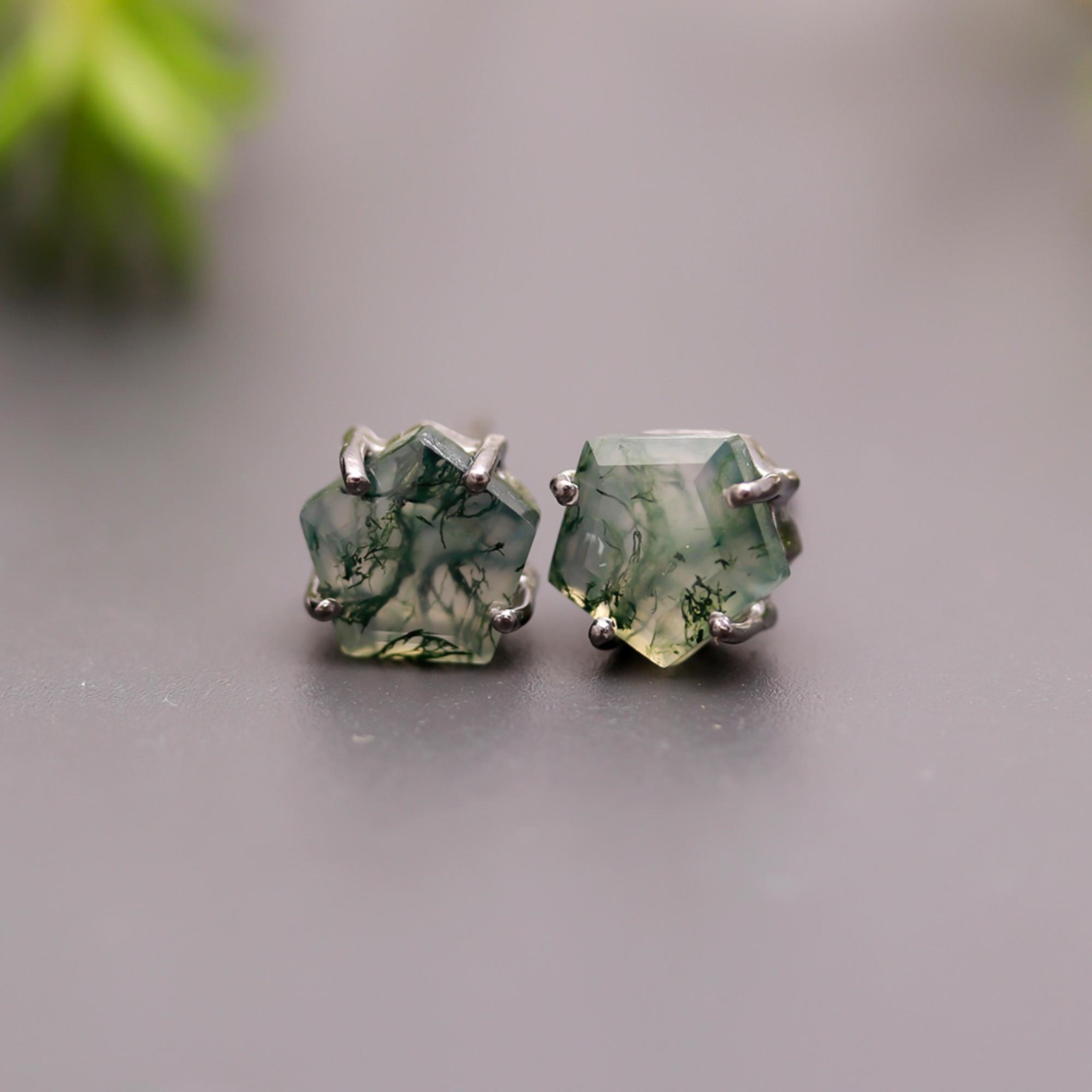 100% Natural Moss Agate Pentagon Stud Earrings Solid Silver Oxidized Jewelry