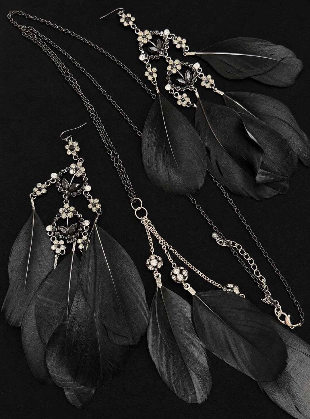 Boho Feather Jewelry Lot – Statement Necklace + 3 Pairs Earrings Black Blue