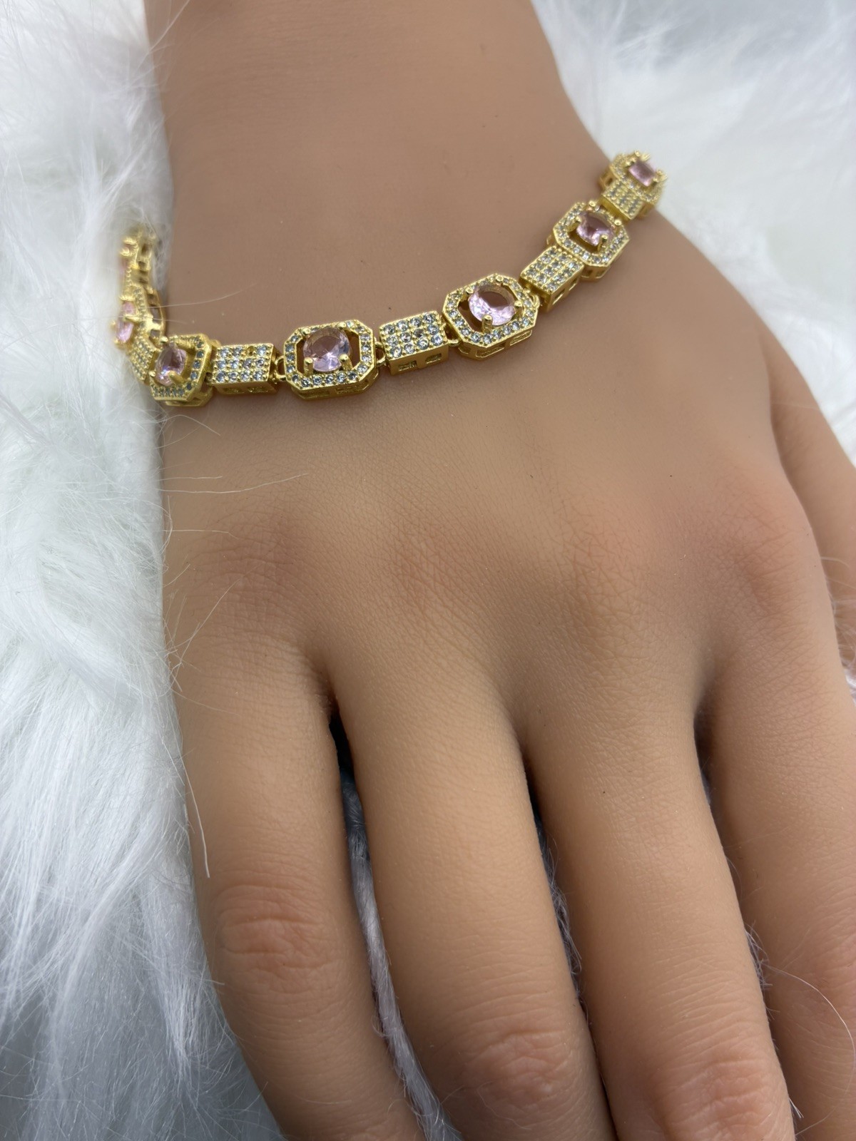 New Square Cut pink Citrine Topaz Gems Women Slim Charm Bracelets 7.8in length