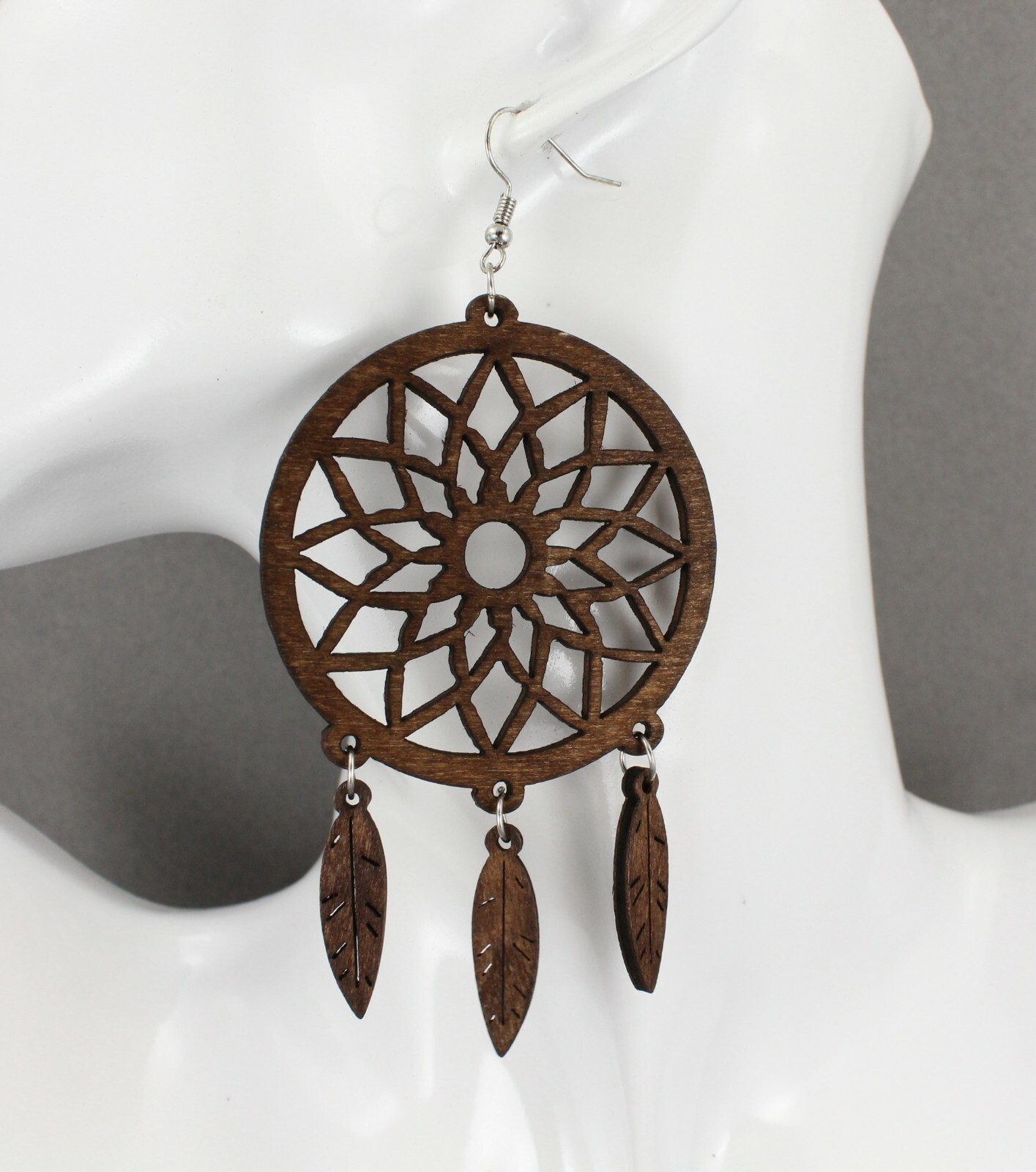 Dark Brown wood dream catcher feather earrings big lightweight leaf 4.25″ long