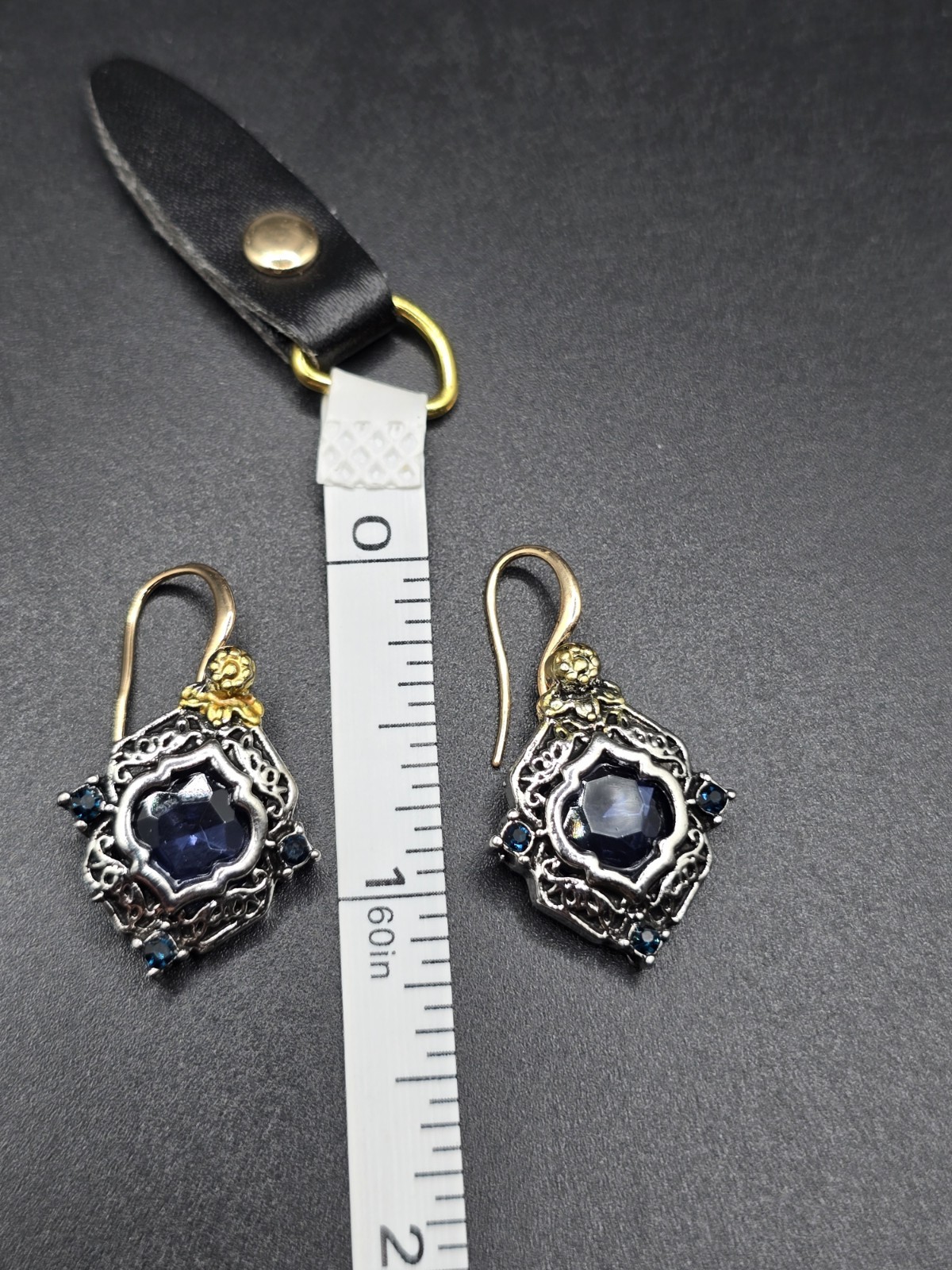 Silver & Gold Tone Dangle Drop Earrings Blue Round Crystal Bezel Hook 1.25in