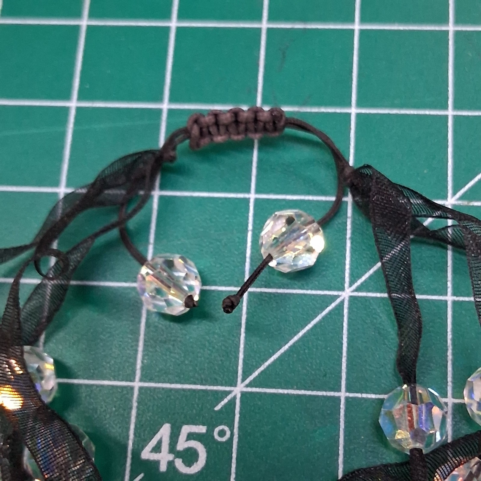 Vintage 3-Tier Clear Faceted AB Rhinestone Bead Black Sheer Ribbon Bracelet