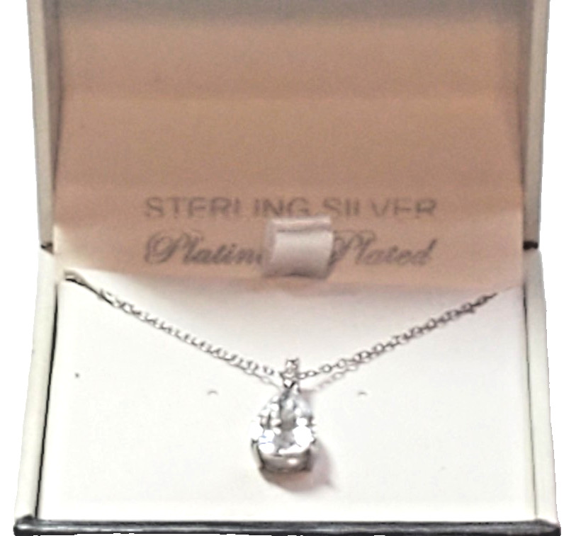 Crislu Sterling Silver Platinum Plated Necklace Cubic Zirconia Teardrop 19 Inch