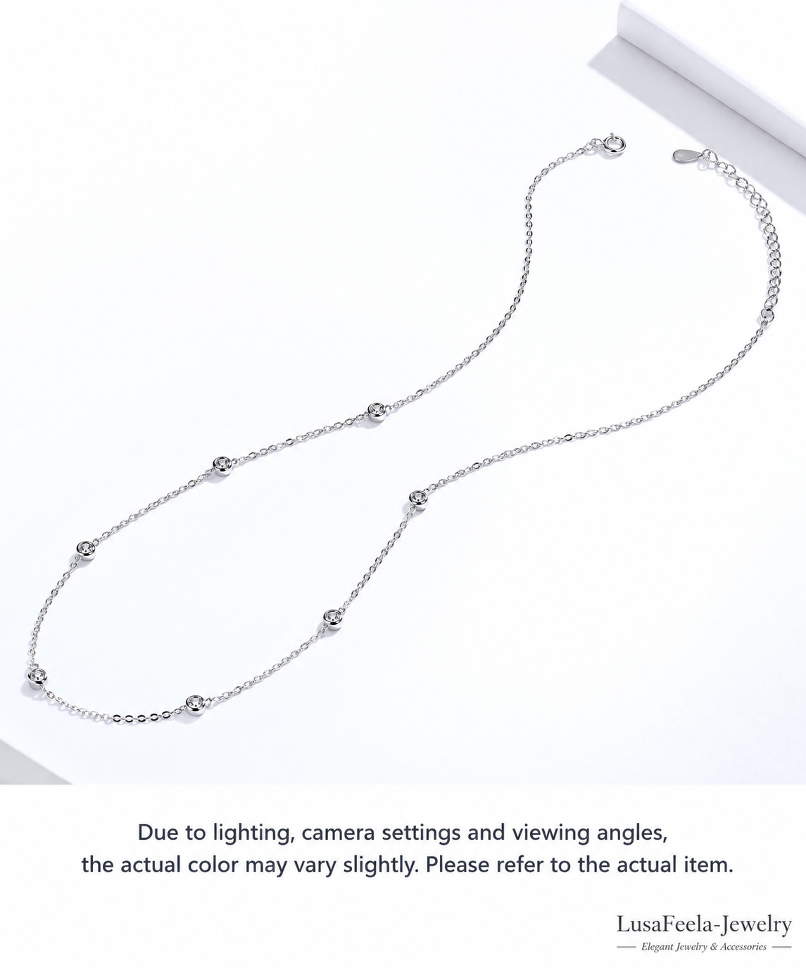 925 Sterling Silver CZ Bezel Station Chain Necklace Dainty for Women