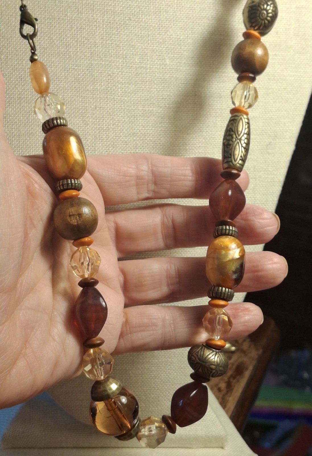 Vintage no brand pre-owned necklace..wood, metal, plastic/ acrylic beads