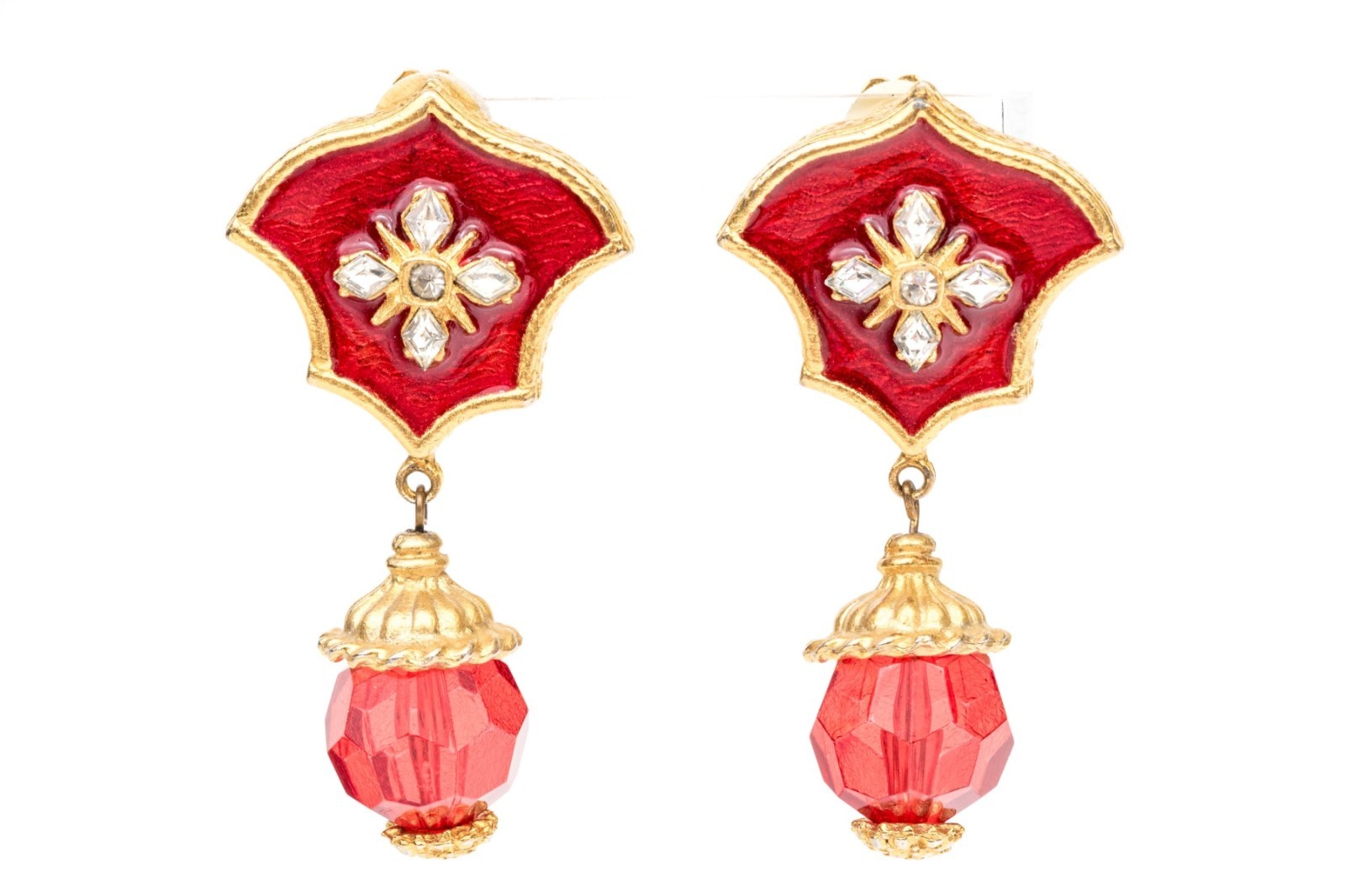 Vintage Yosca Red Glass Bead Necklace & Earring Set, Rhinestone Enamel Statement