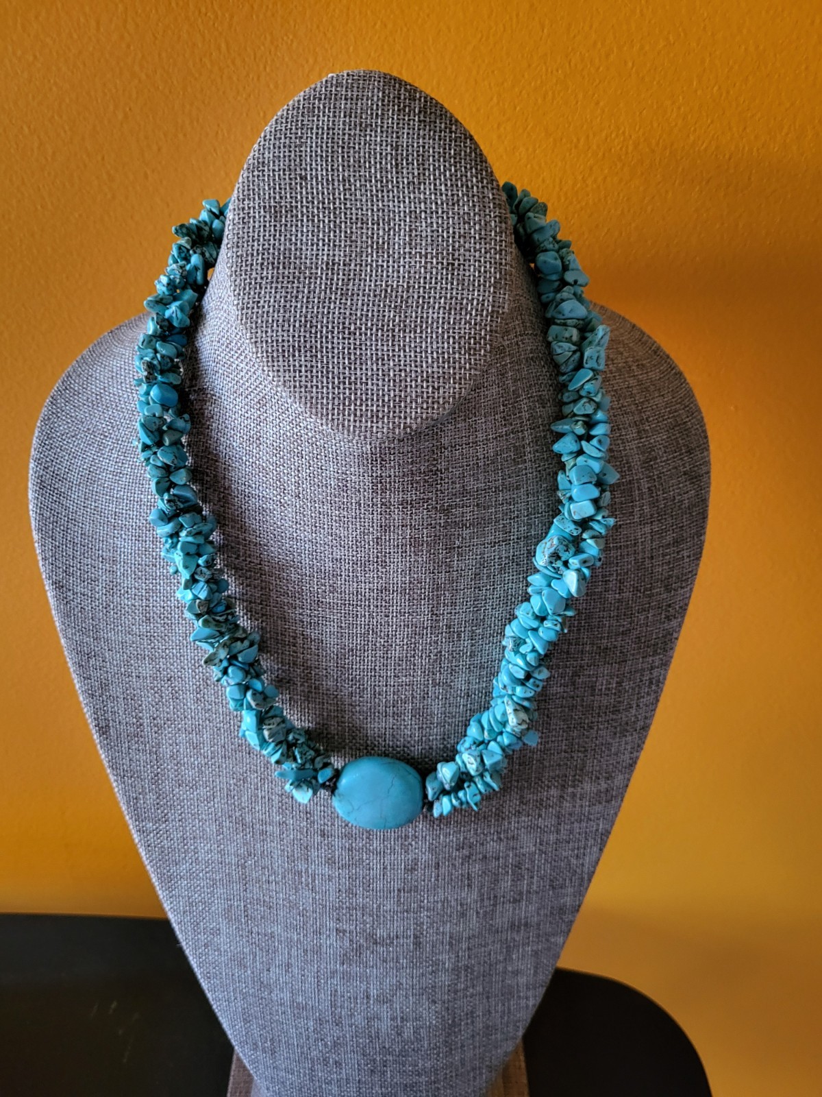 Southwest/bohemian faux turquoise stone necklace multi-strand twisted chip beads