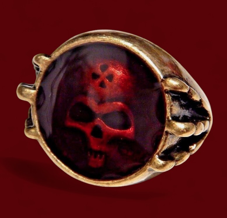 BLOODY SKULL RING bronze red enamel biker punk goth metal occult gold 6.5 3V
