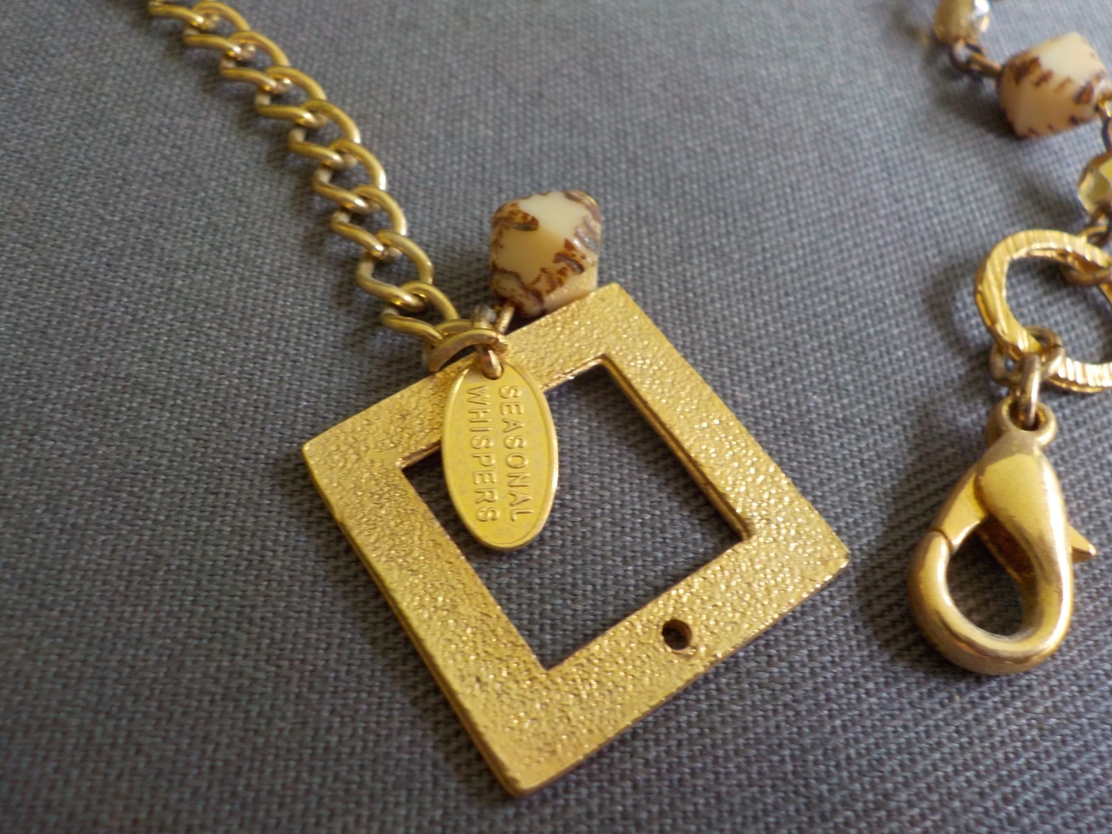 Seasonal Whispers Square Necklace Gold Tone Metal Glass Plastic Bead Linked
