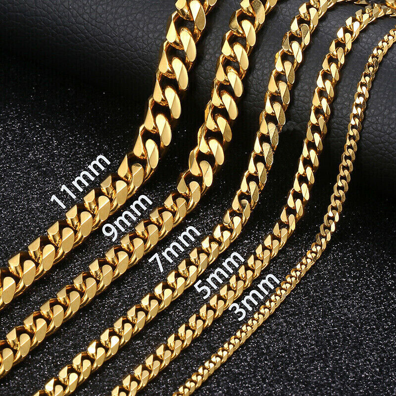 14K Gold Plated Stainless Steel Cuban Curb Chain Necklace Bracelet 3/5/7/9/11mm