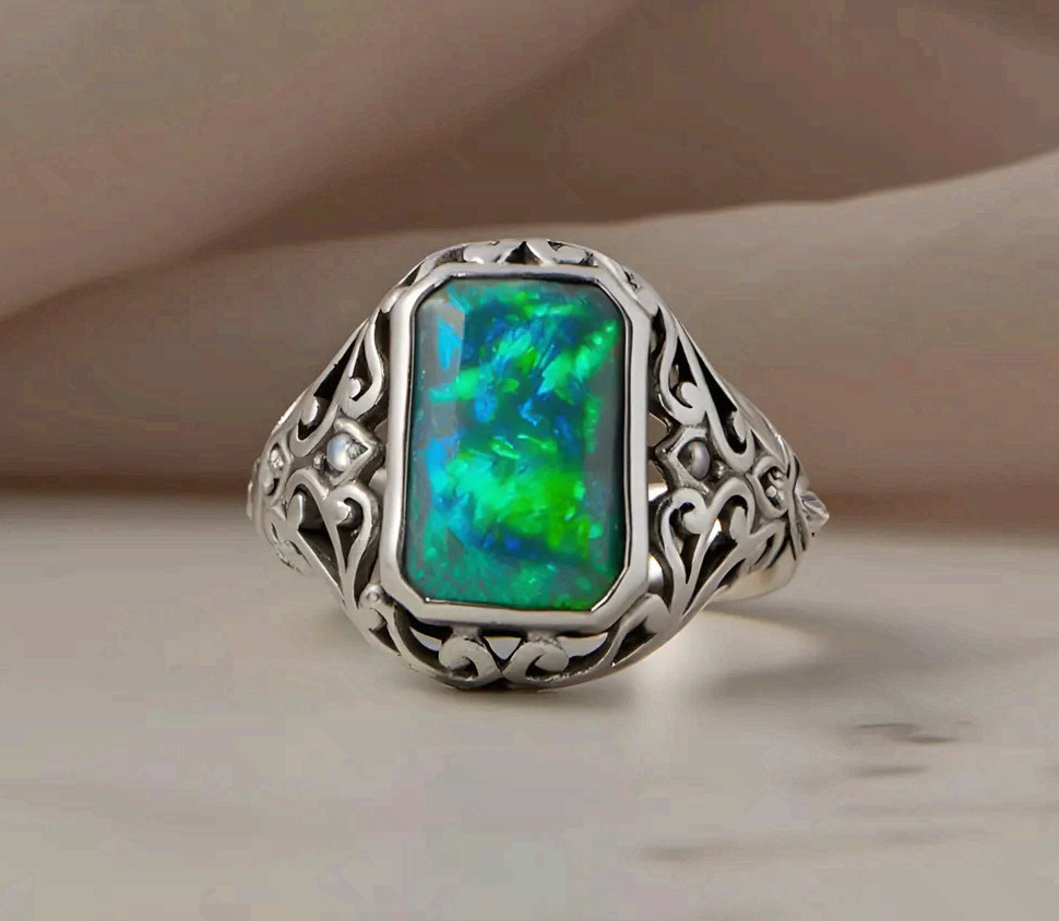 Stainless Steel Green Opal Statement Ring Filigree Band Handmad