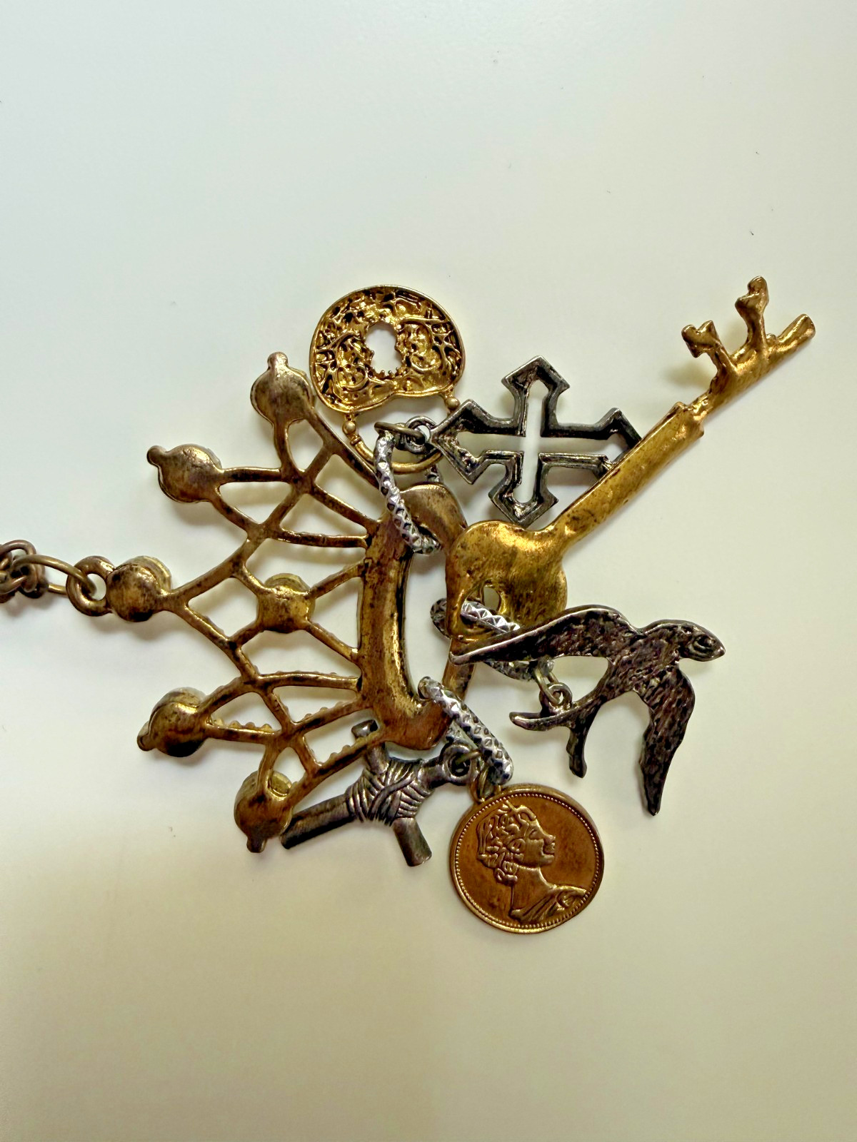 Medieval Renaissance Crown Lock Key Cross Bird Coin Bling Cosplay Punk Necklace