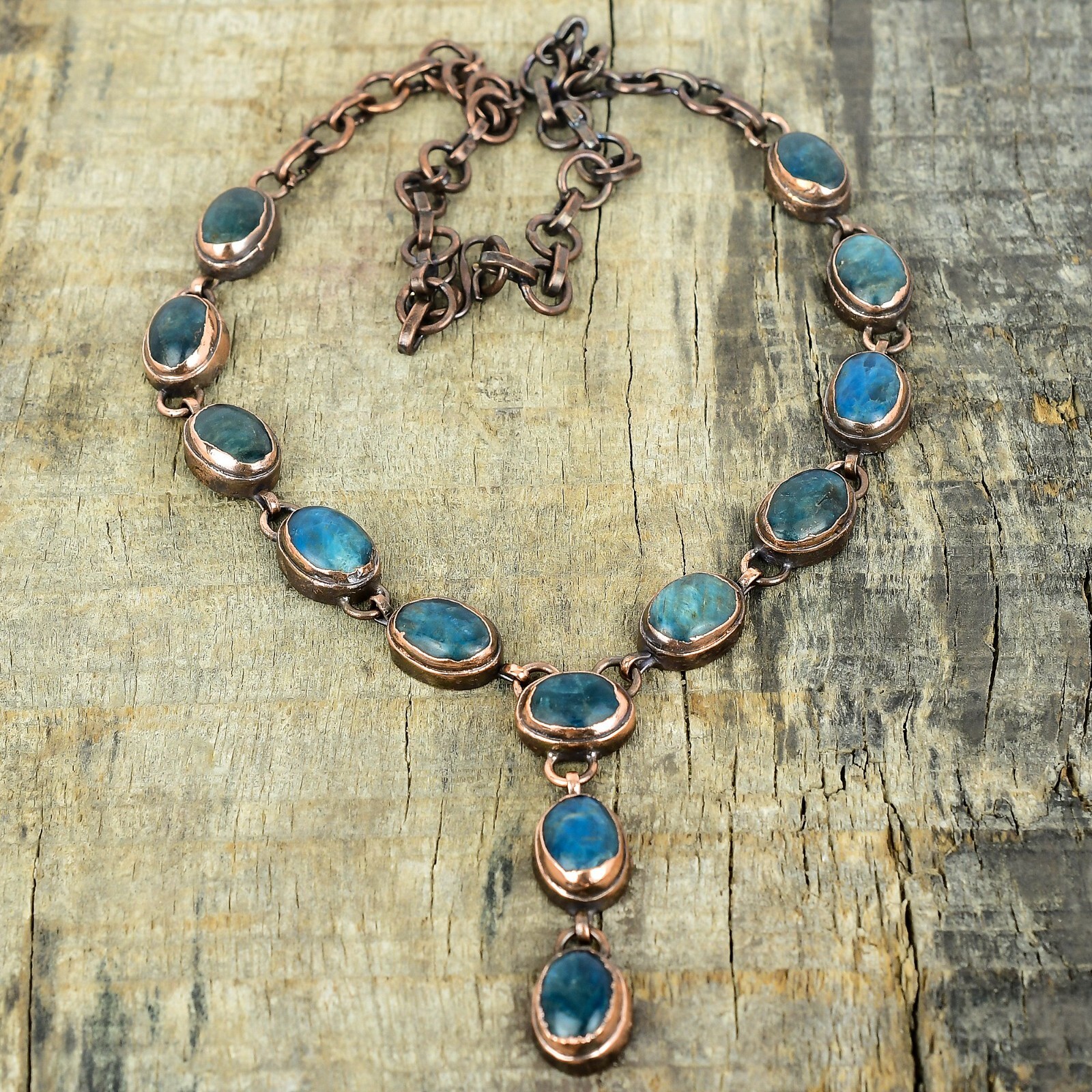 Copper Oval Neon Apatite Gemstone Chain Electroformed Artisan Necklace Jewelry