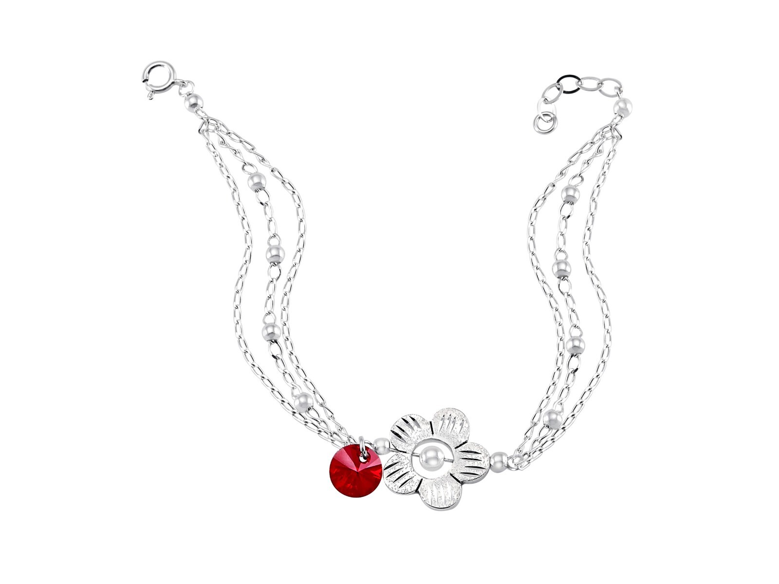 Pulsera Triple Cadena Flor Zirconia Roja 19.5 cm PLATA .925 HECHO EN MEXICO