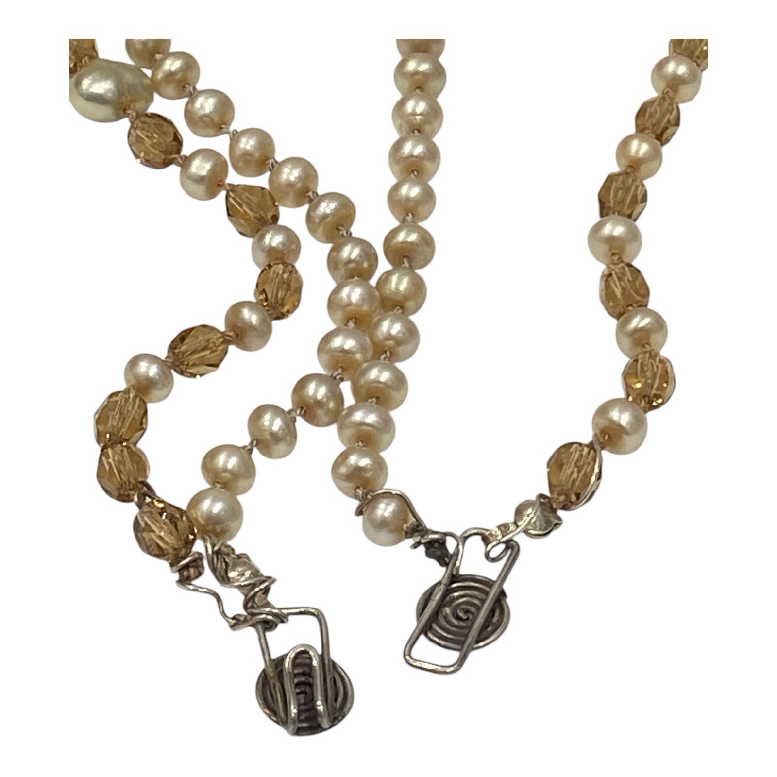 Vintage Artisan Pearl Citrine Multi Strand Necklace Sterling Silver Spiral Clasp