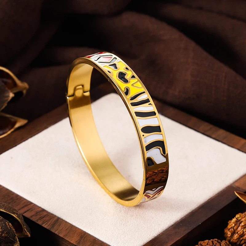 Stainless Steel Enamel Cuff Bangle Women Gold Tone Geometric Round Jewelry