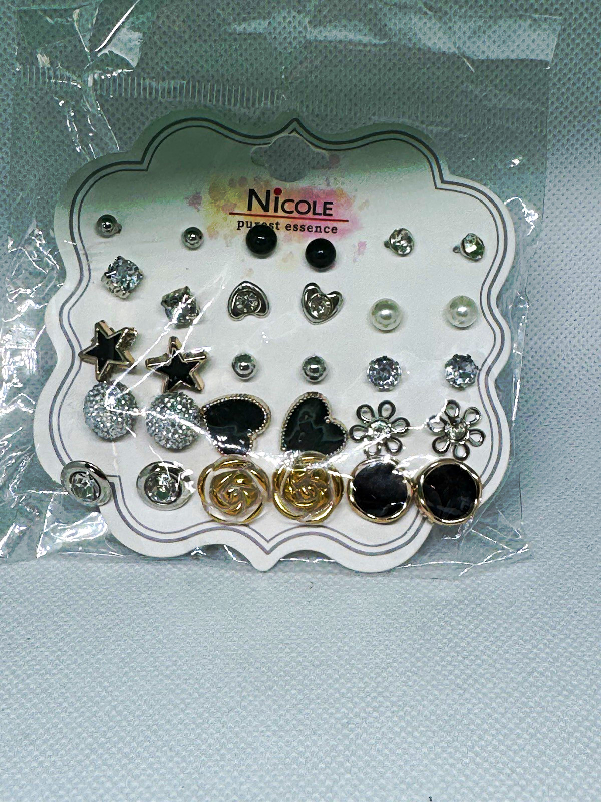 Nicole Stud Earrings Set Rhinestone & Faux Pearl Heart Star Flower Nickel-Free